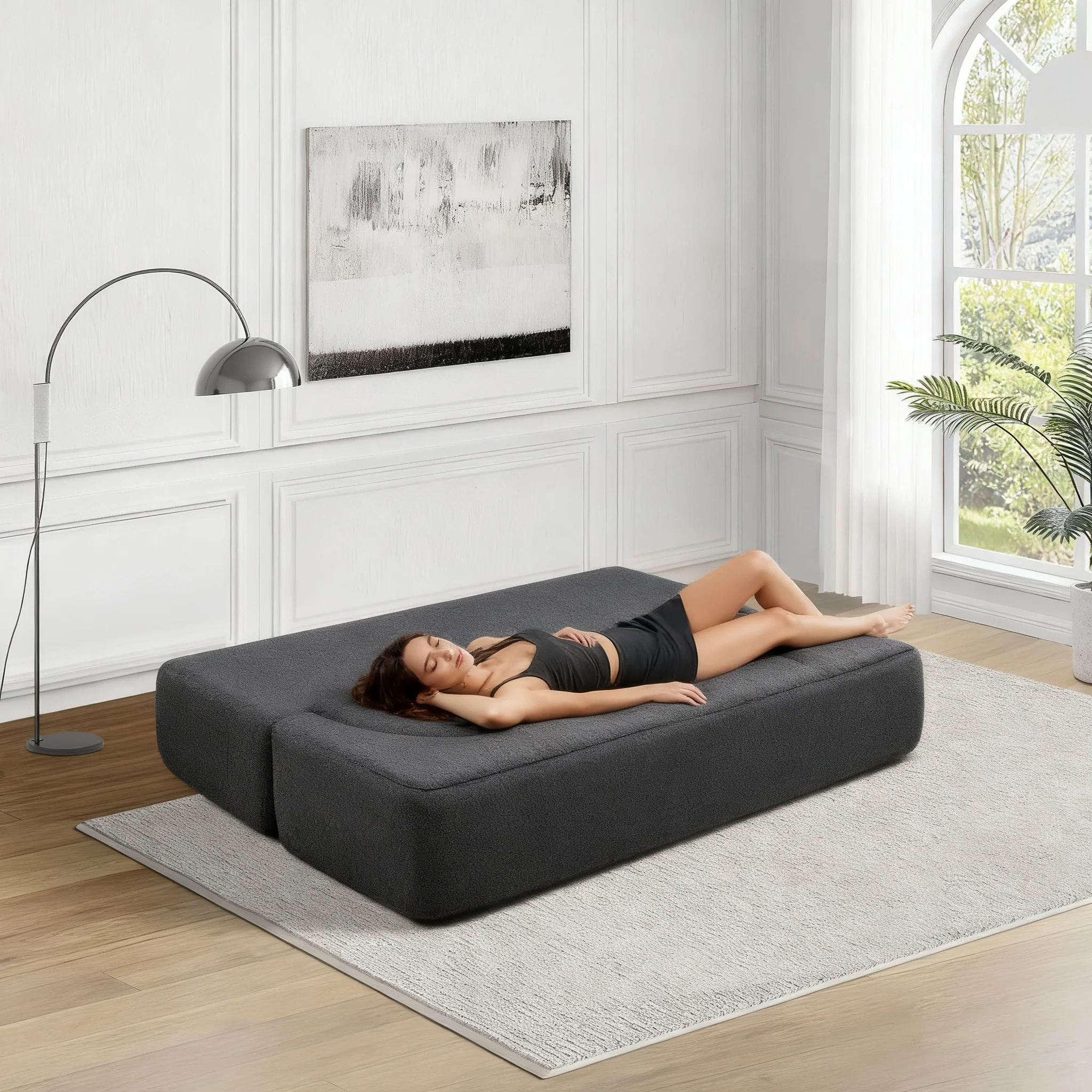 Folding Sofa Bed in Black Teddy Bear Fabric - Image 5