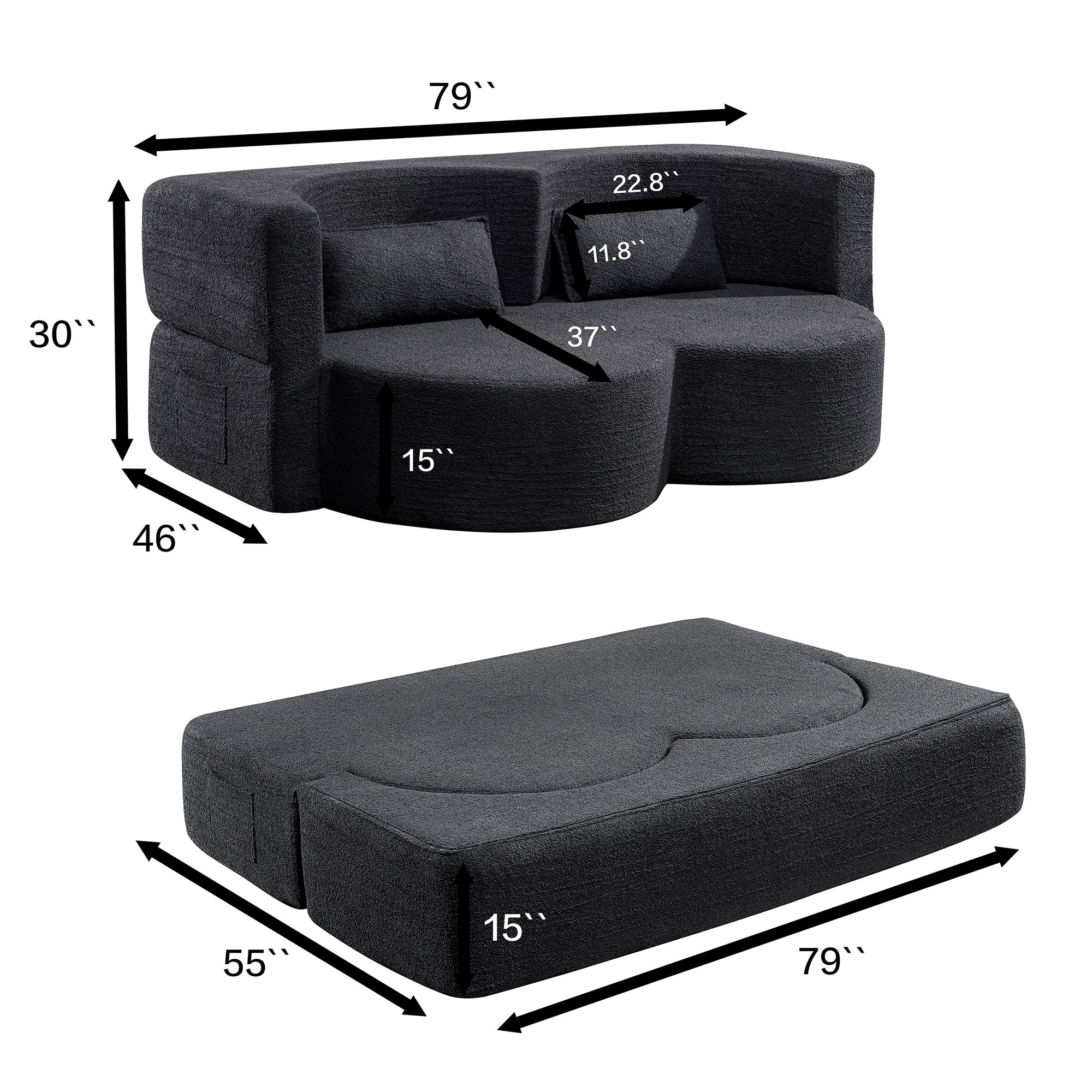 Folding Sofa Bed in Black Teddy Bear Fabric - Image 6