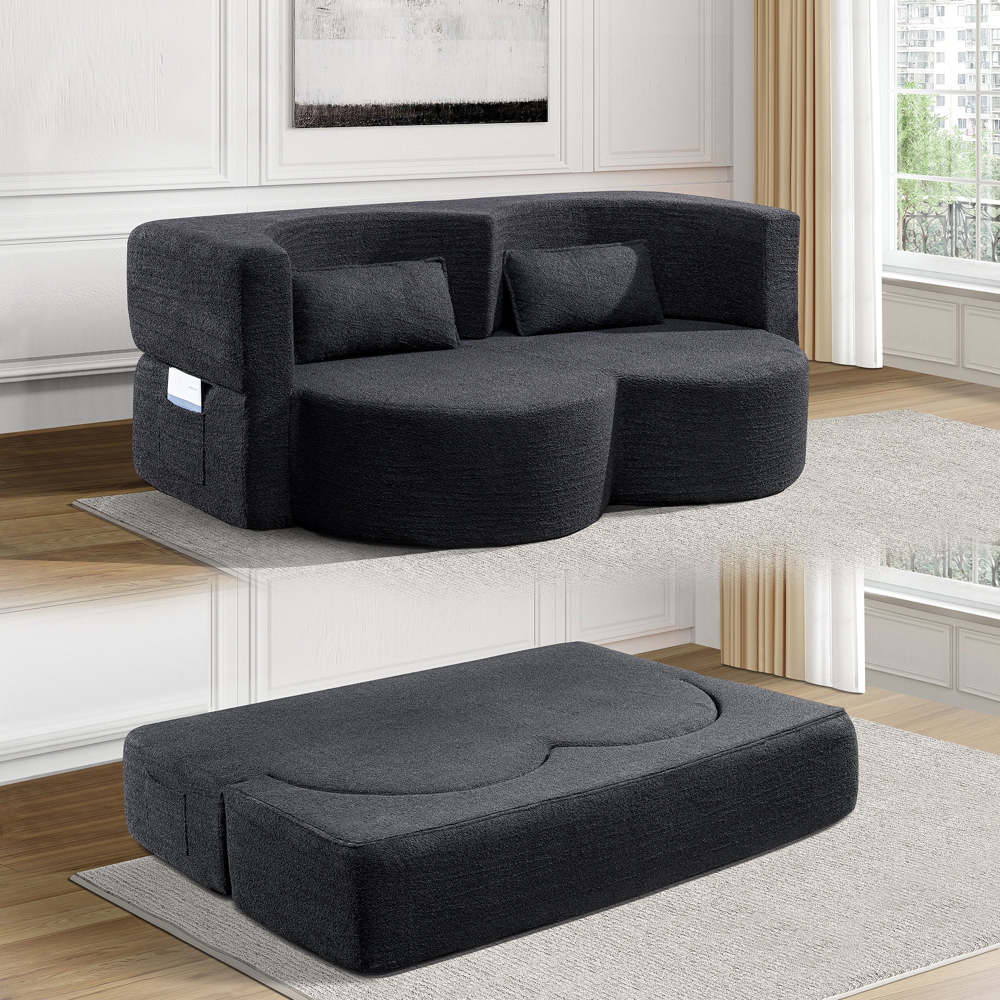 Folding Sofa Bed in Black Teddy Bear Fabric - Image 7