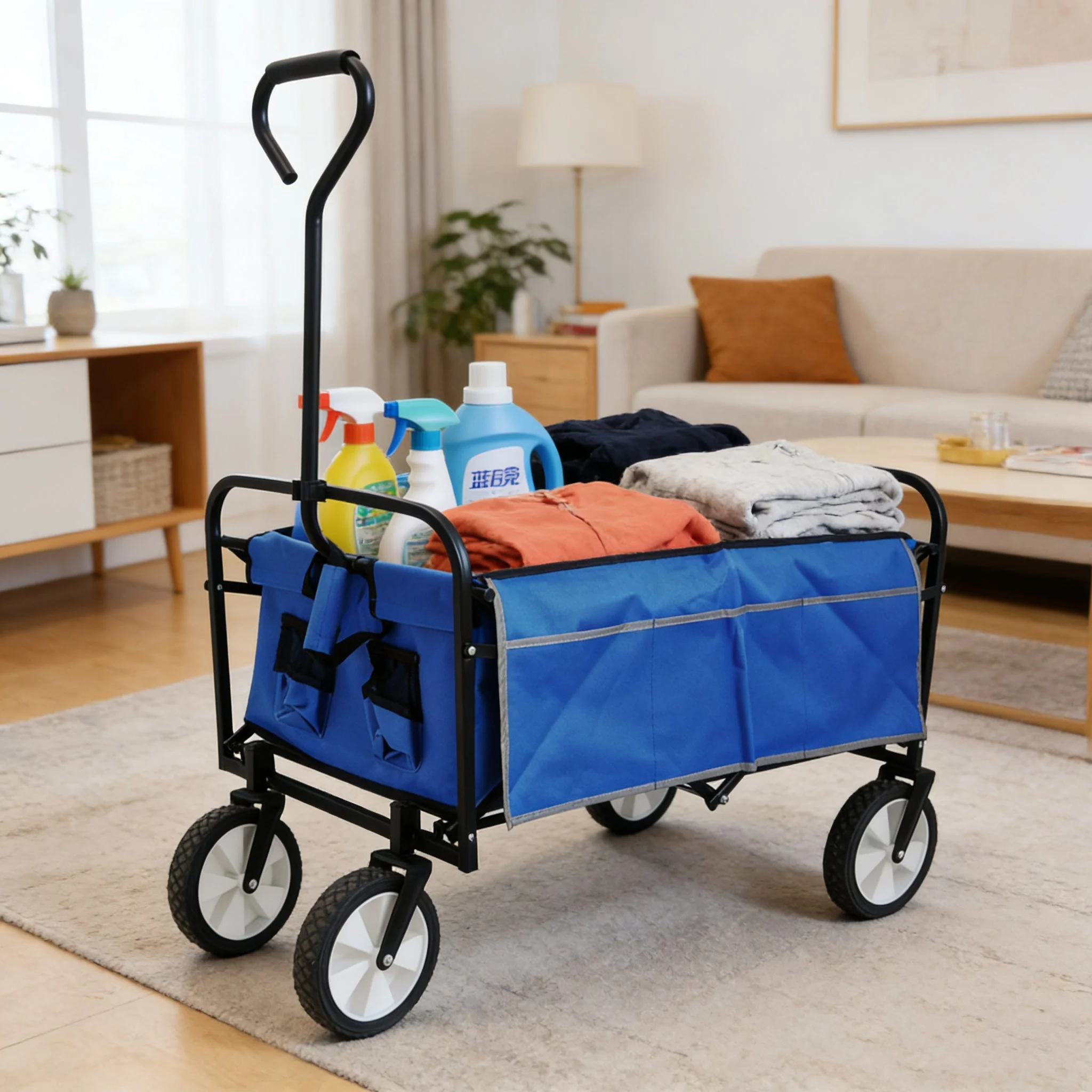 Folding Wagon Garden Shopping Beach Cart (Blue) - Image 2
