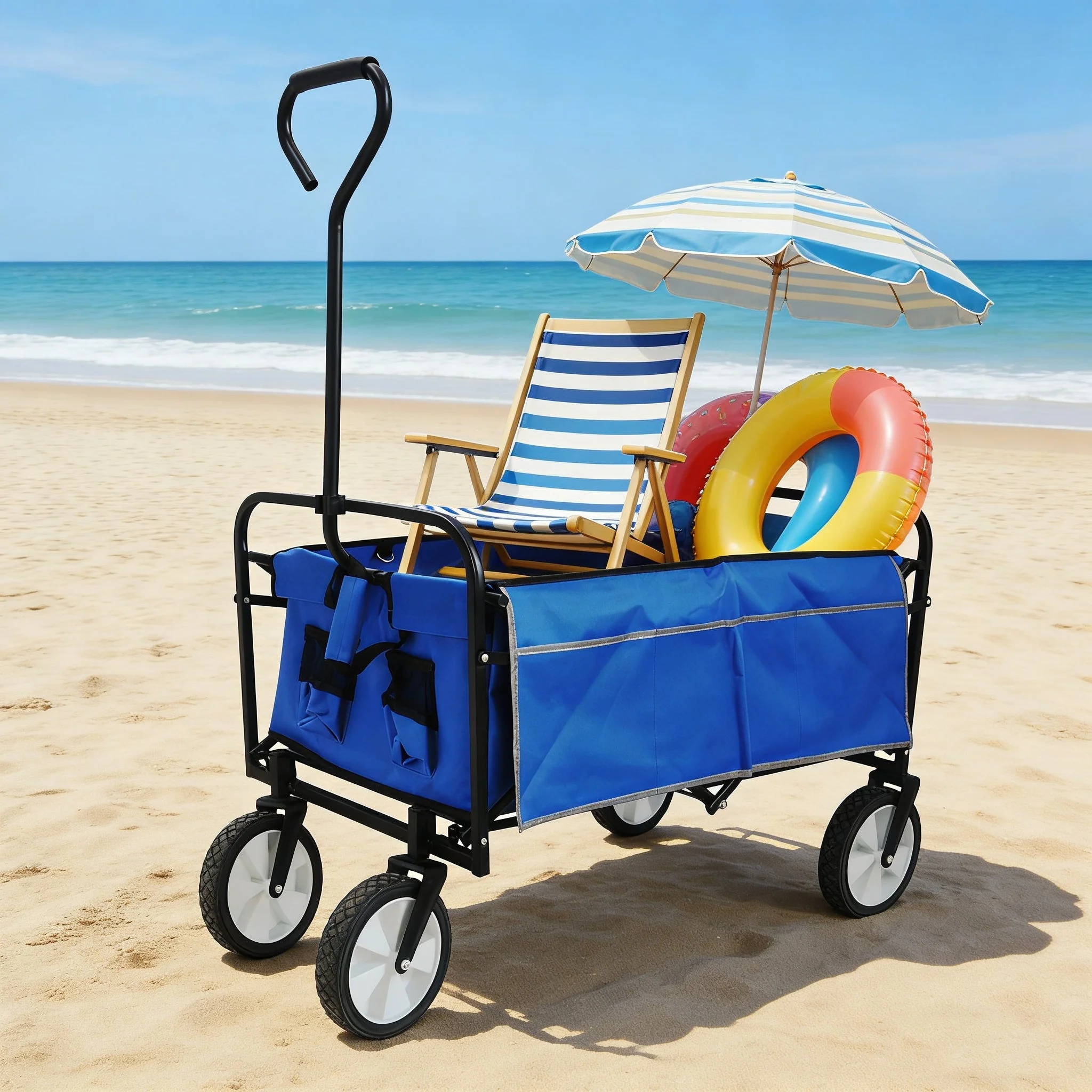 Folding Wagon Garden Shopping Beach Cart (Blue) - Image 3