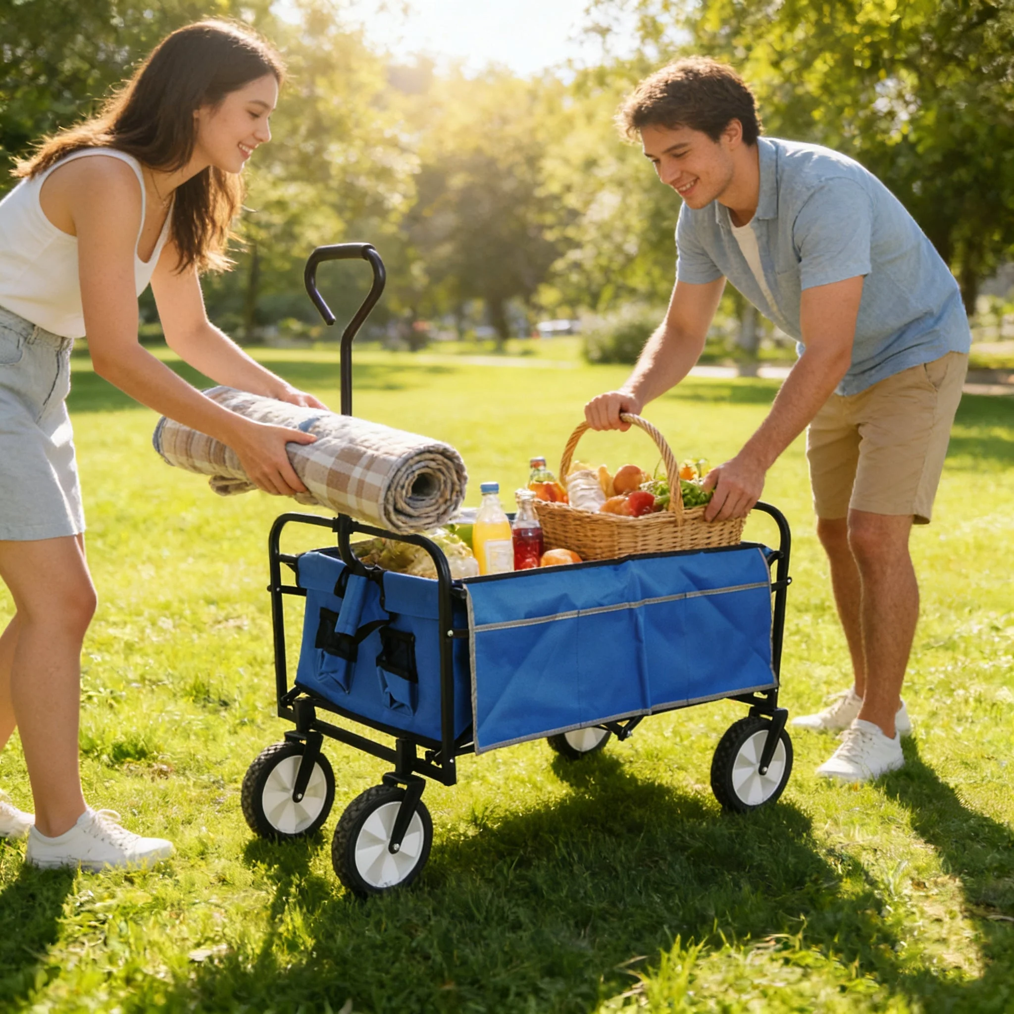 Folding Wagon Garden Shopping Beach Cart (Blue) - Image 6
