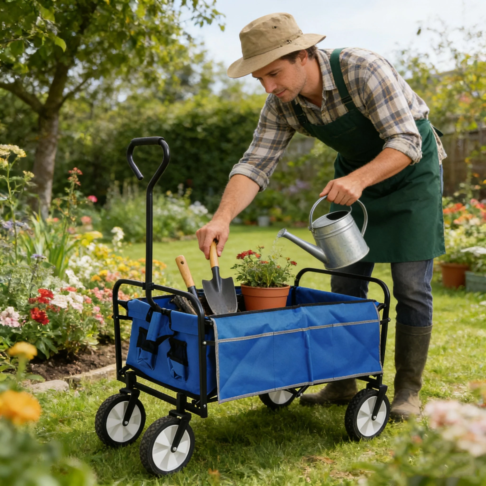 Folding Wagon Garden Shopping Beach Cart (Blue) - Image 7