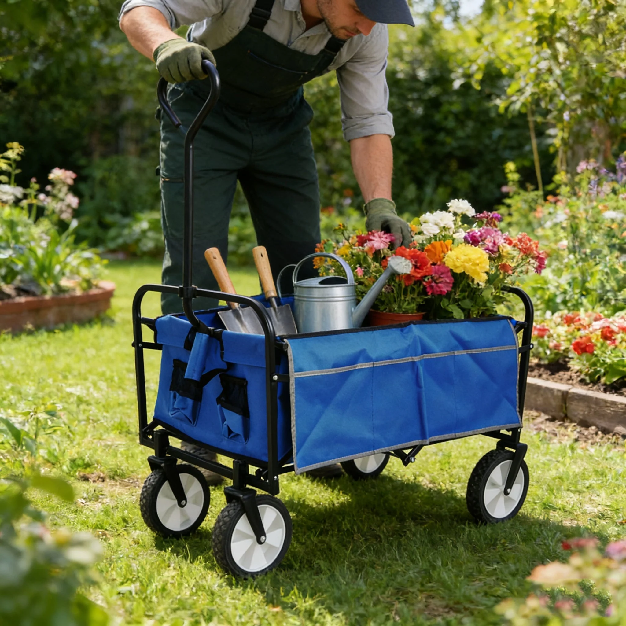 Folding Wagon Garden Shopping Beach Cart (Blue) - Image 8
