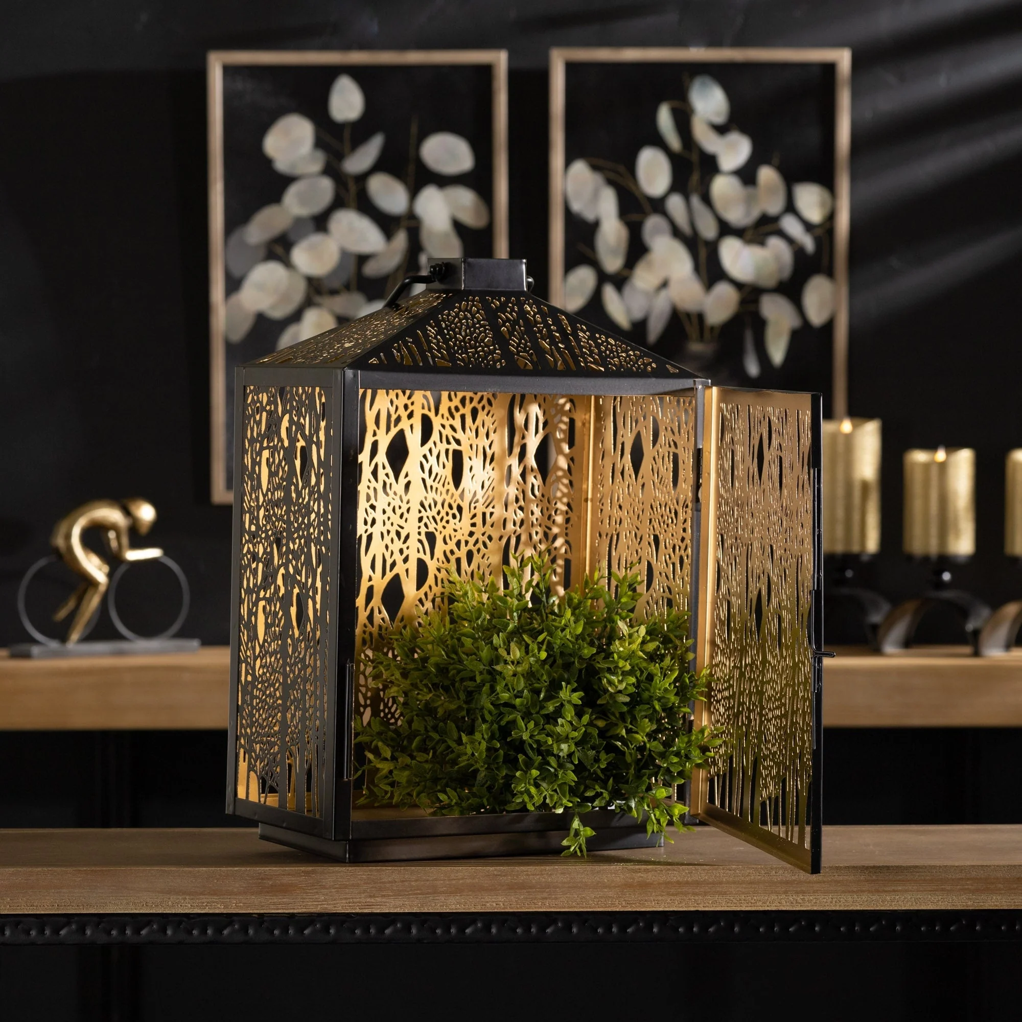 Forest Cut Metal Lantern with Gold Accent 16"H - Image 4