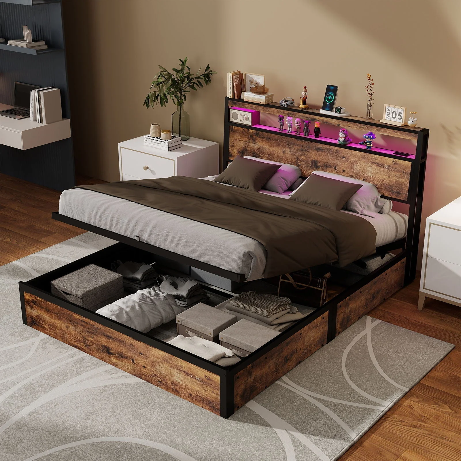Frame With Hydraulic Lift Storage, RGB LED Lights & Multi-Port Charging, No Box Spring Needed - Image 2