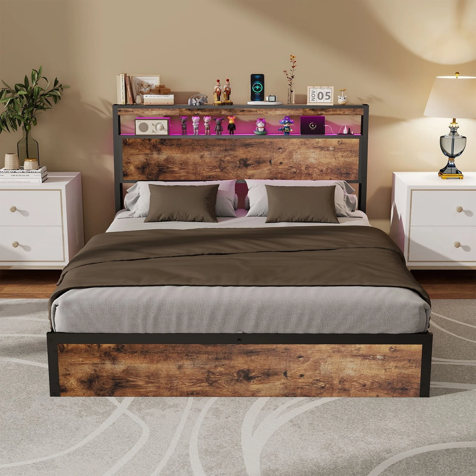 Frame With Hydraulic Lift Storage, RGB LED Lights & Multi-Port Charging, No Box Spring Needed - Image 3