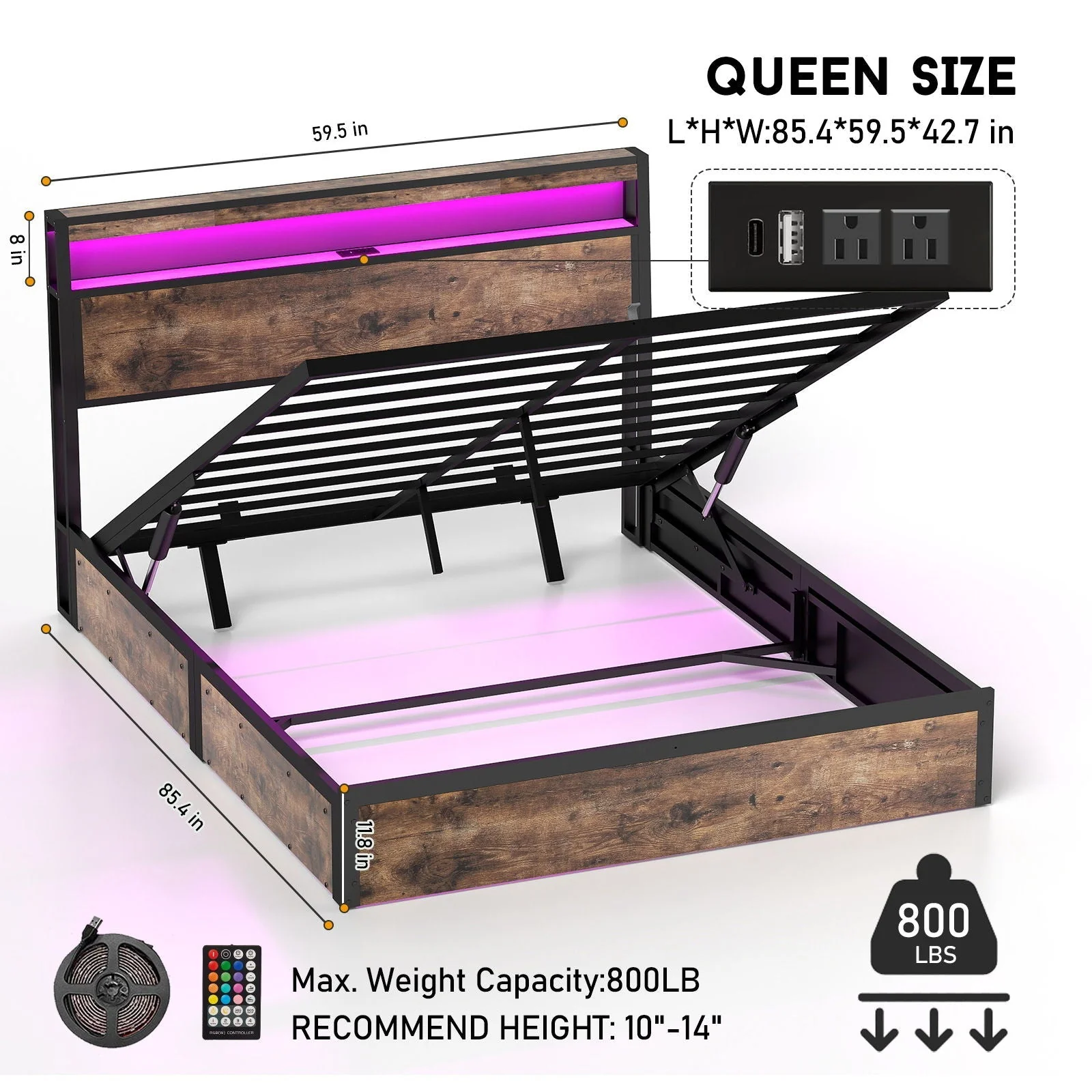 Frame With Hydraulic Lift Storage, RGB LED Lights & Multi-Port Charging, No Box Spring Needed - Image 4