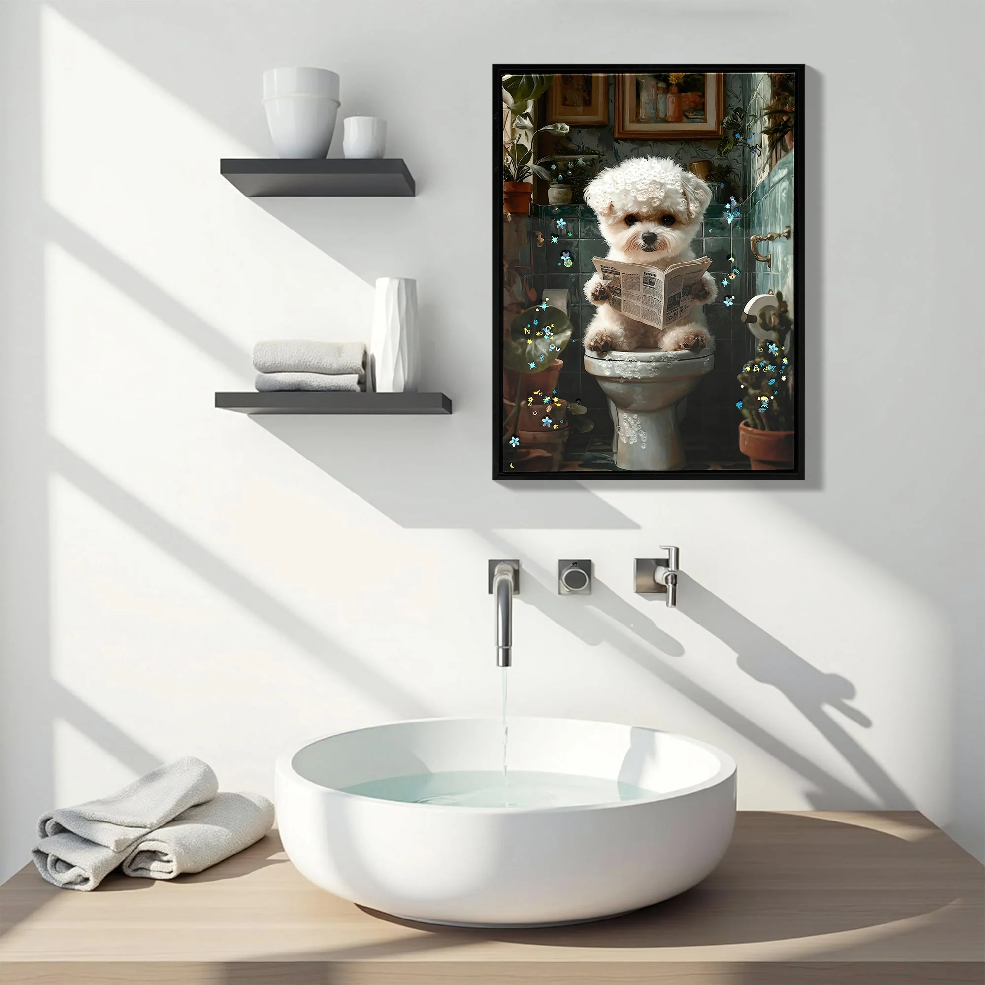 Framed Bathroom Decor, Cute Puppy Wall Art in Picture Frame, Funny Bathroom Wall Art Signs, 3D Canvas Print Ready to Hang (Framed,12''x16'') - Image 2