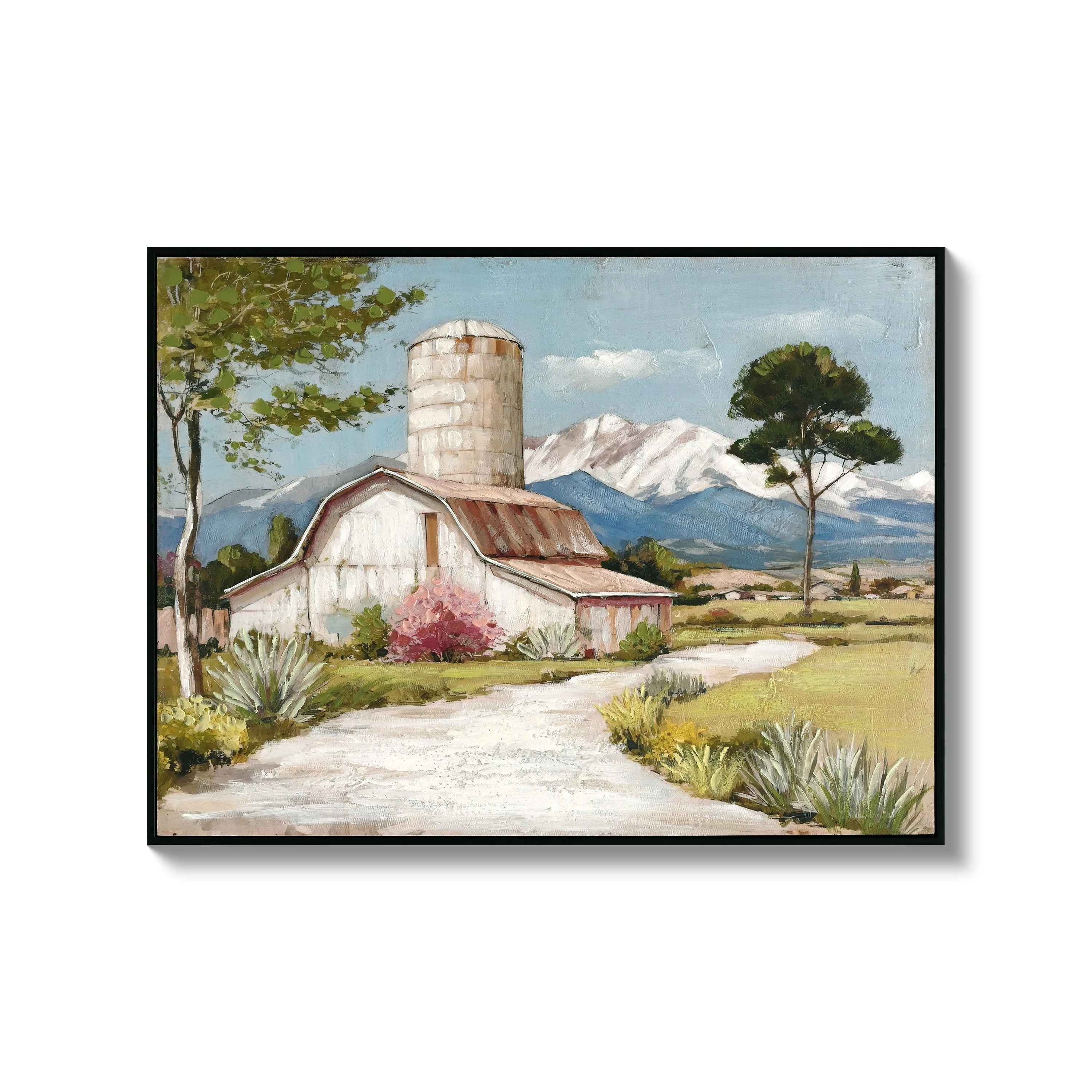Framed Rustic Farmhouse Canvas Wall Art Beautiful Field Painting Wildflower Barn Print Nature Scenery Picture French Countryside Poster for Bathroom Bedroom Living Room Office Wall Decor 32x24in
