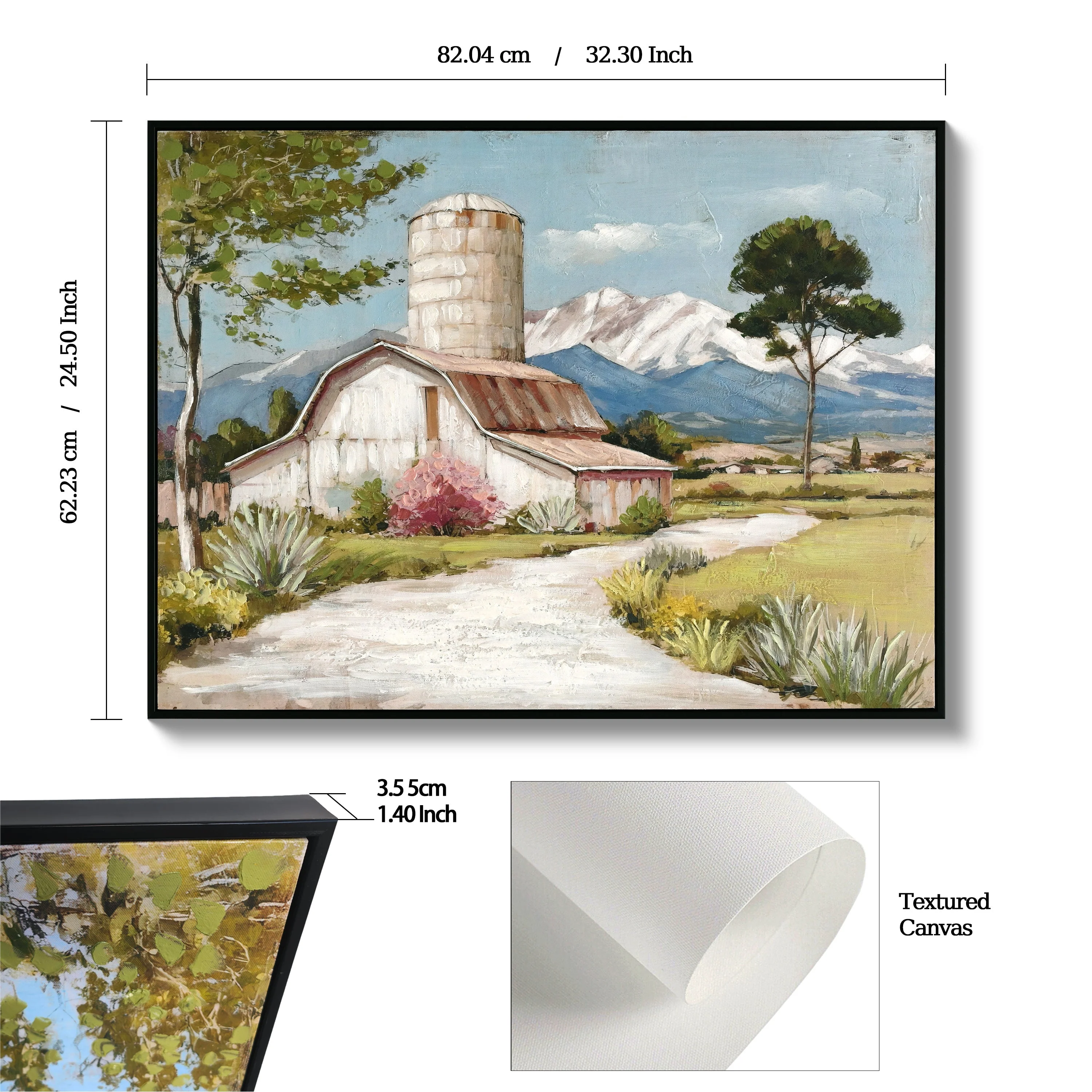 Framed Rustic Farmhouse Canvas Wall Art Beautiful Field Painting Wildflower Barn Print Nature Scenery Picture French Countryside Poster for Bathroom Bedroom Living Room Office Wall Decor 32x24in - Image 3