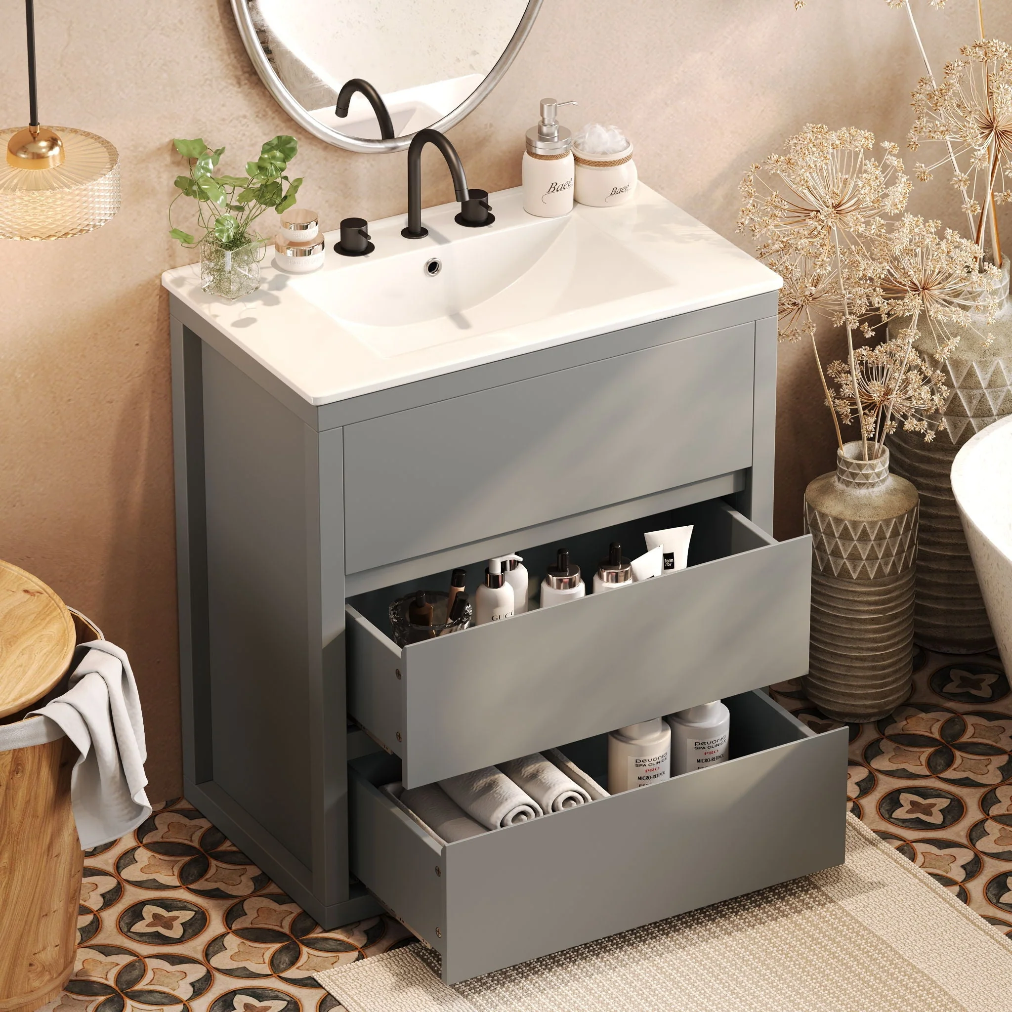 Freestanding Bathroom Vanity With Ceramic Sink, 2 Full Extension Drawers - Image 9