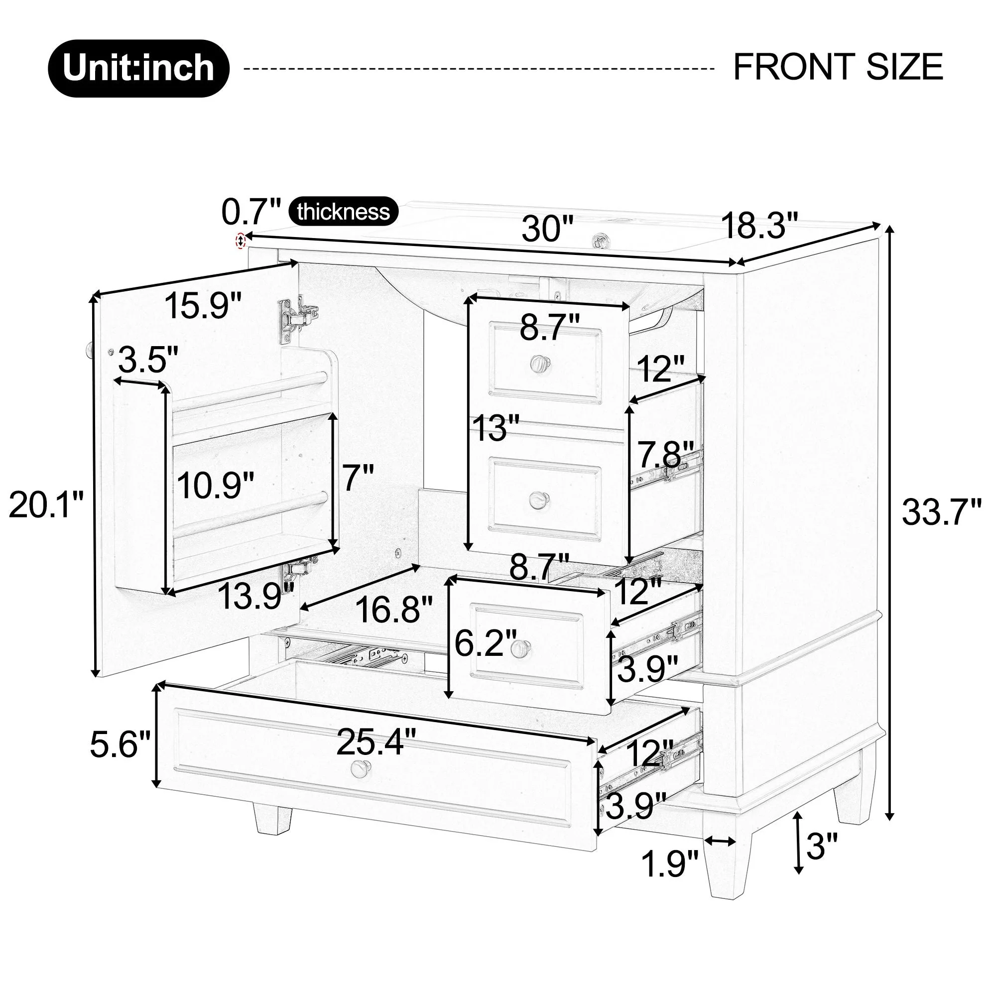 Freestanding Bathroom Vanity With Sink, Soft Close Door, 3 Drawers - Image 11