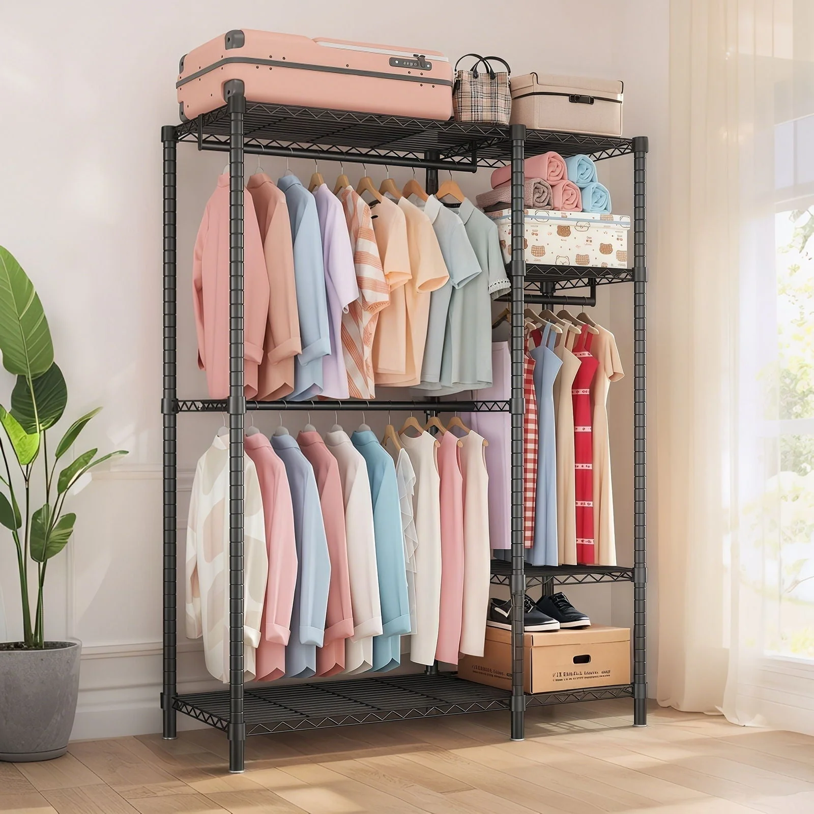 Freestanding Clothes Rack, With 6 Adjustable Wire Shelves And 3 Garment Rails - Black - Image 2