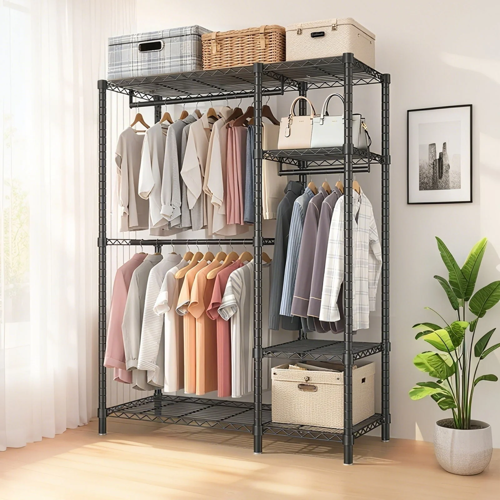 Freestanding Clothes Rack, With 6 Adjustable Wire Shelves And 3 Garment Rails - Black - Image 3