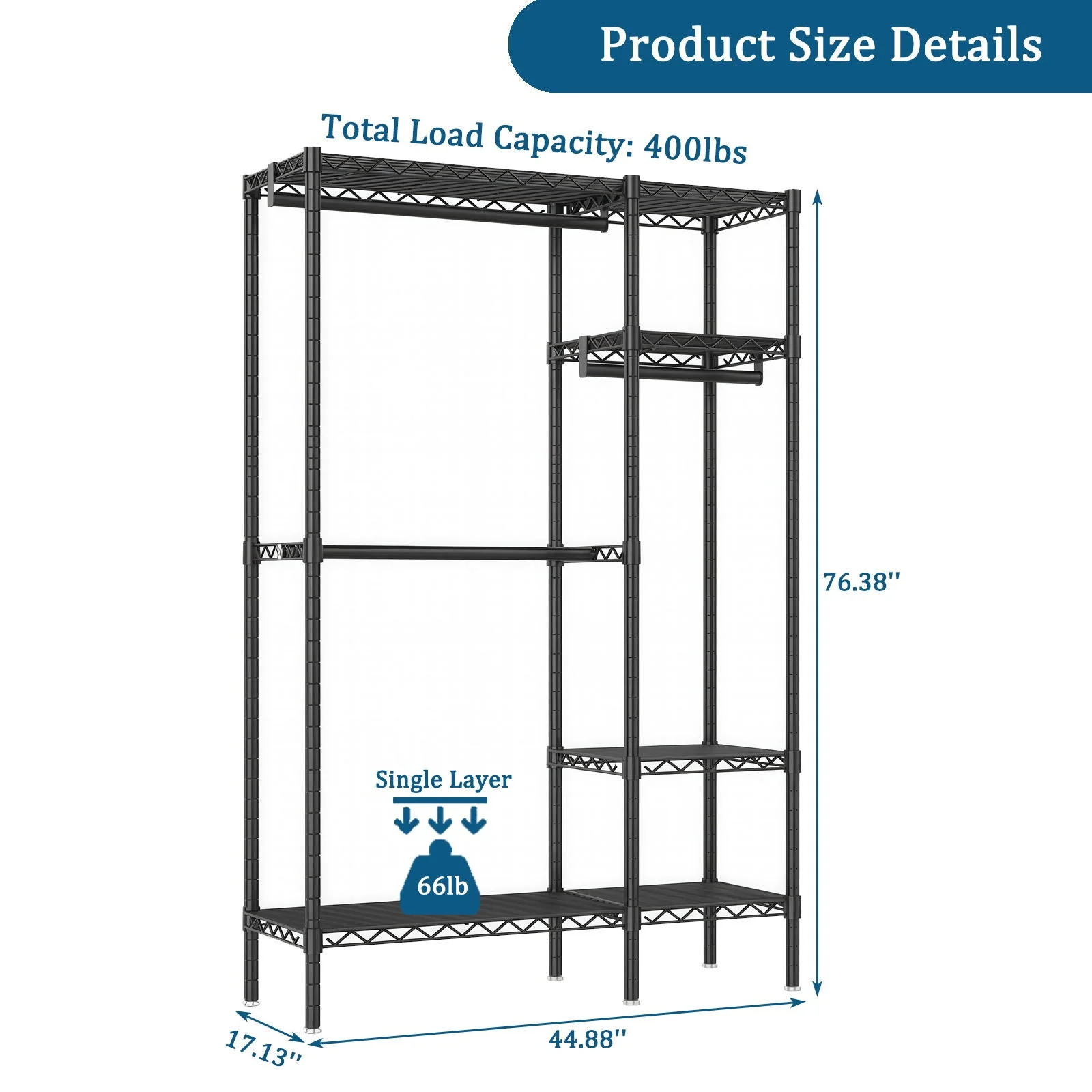 Freestanding Clothes Rack, With 6 Adjustable Wire Shelves And 3 Garment Rails - Black - Image 4