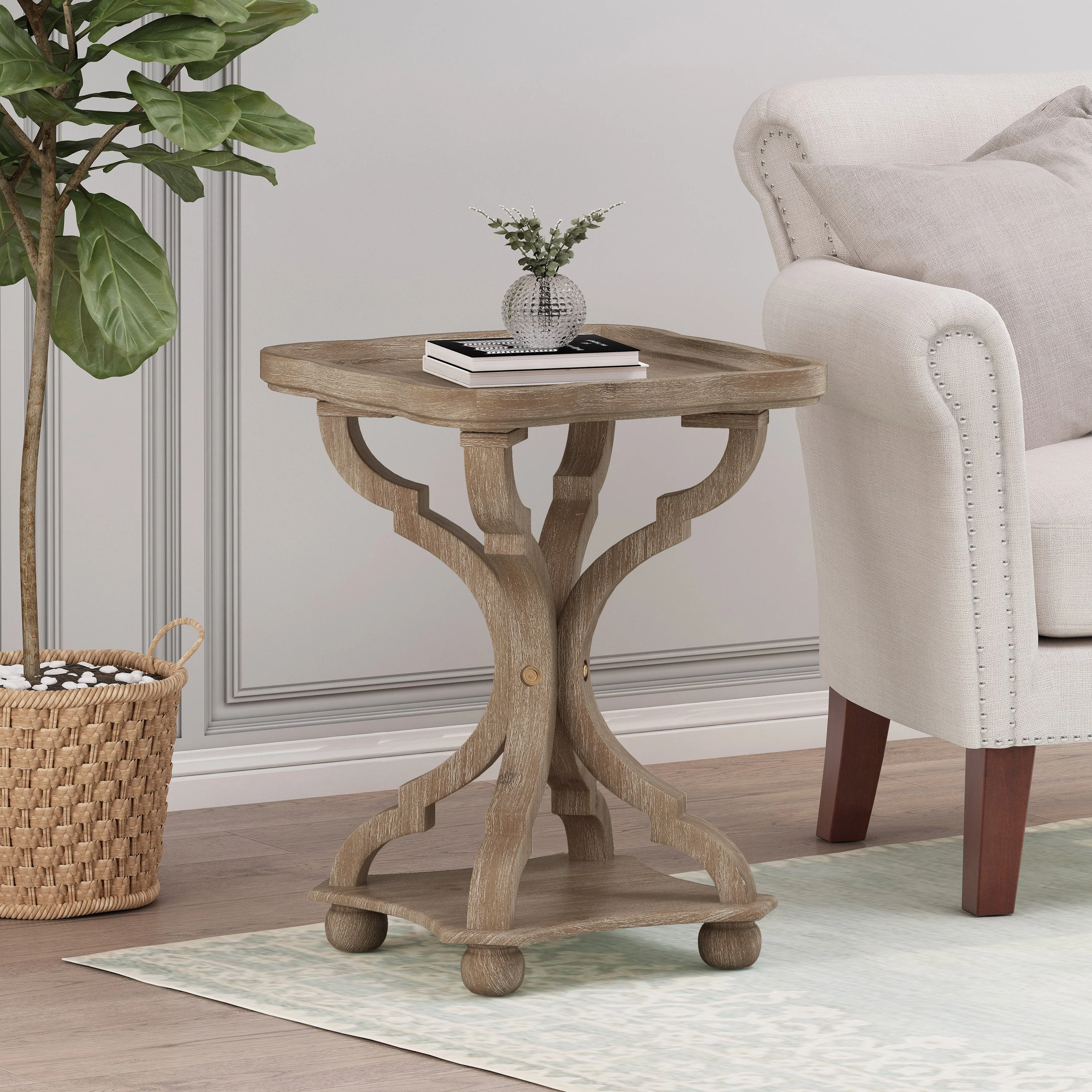 French Country Accent Table with Hourglass Design in Natural MDF - Image 2