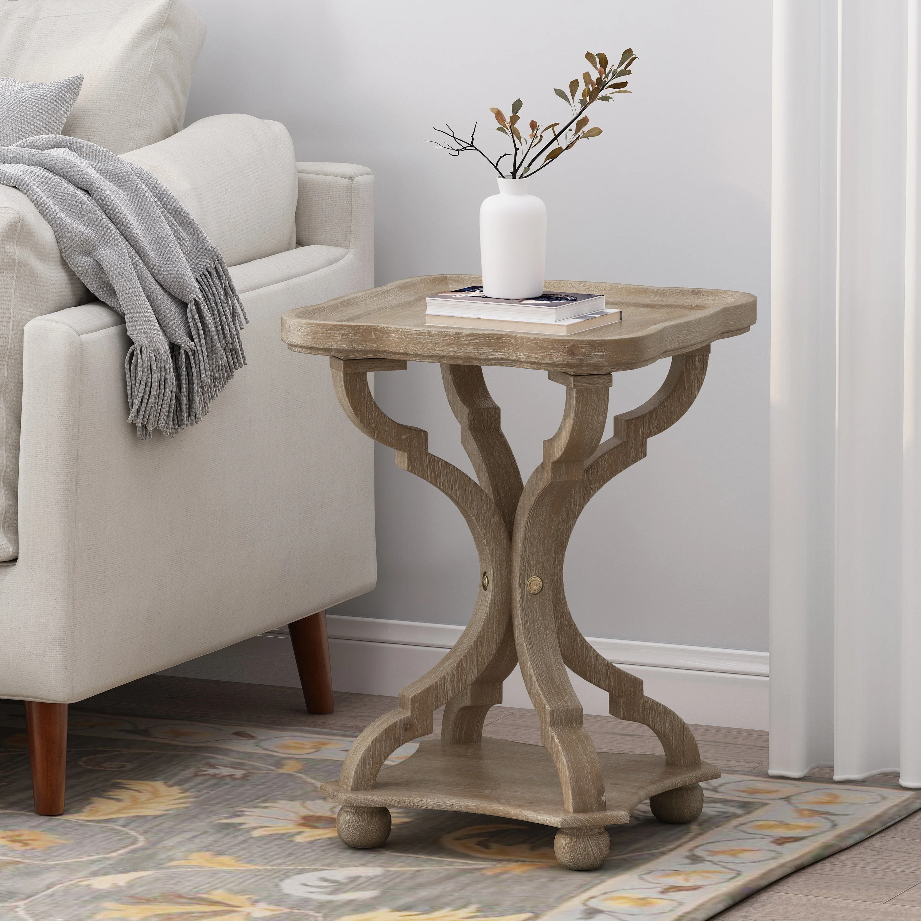 French Country Accent Table with Hourglass Design in Natural MDF - Image 4