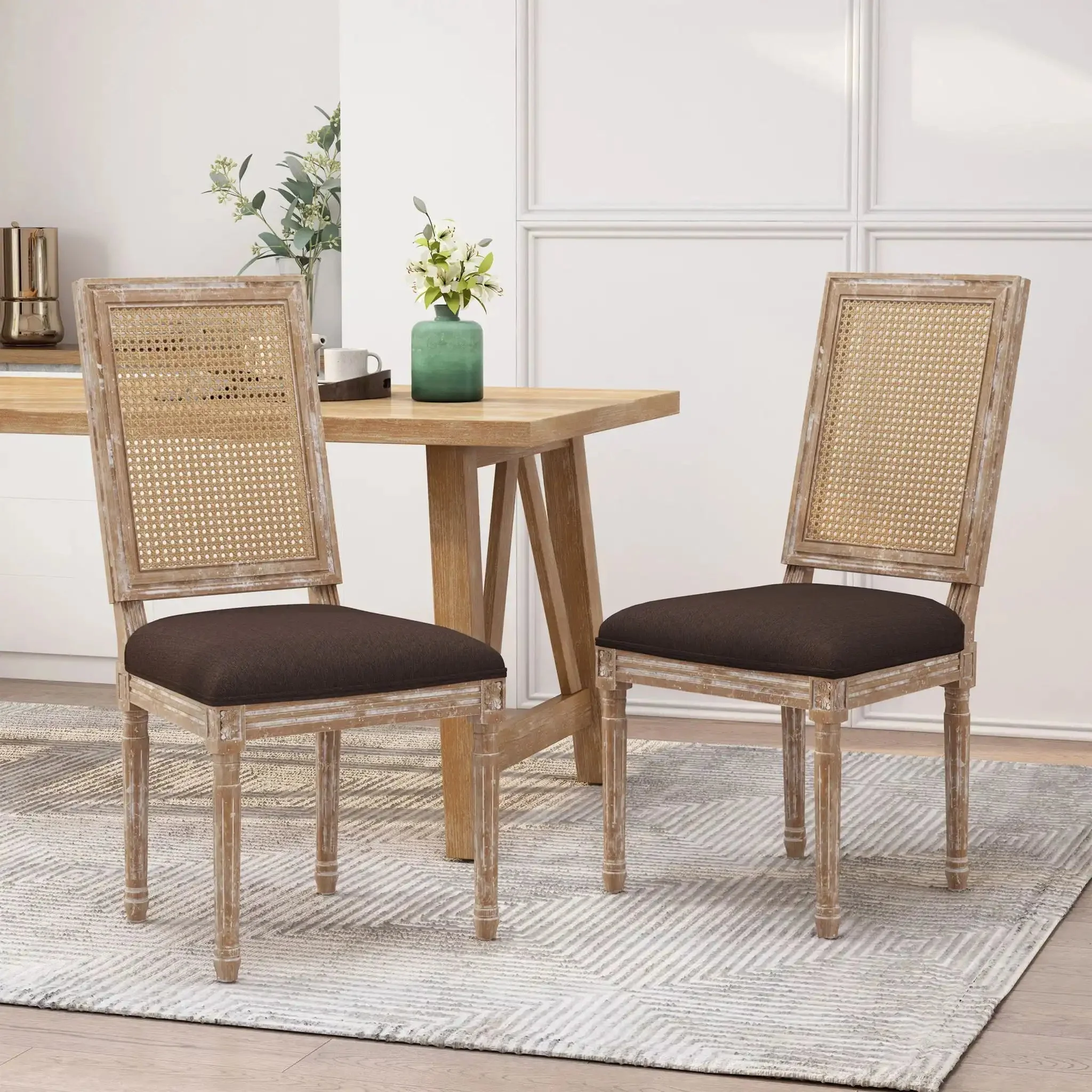 French Country Dining Chair With Rectangular Cane Backrest And Smooth Upholstered Seating - Image 14