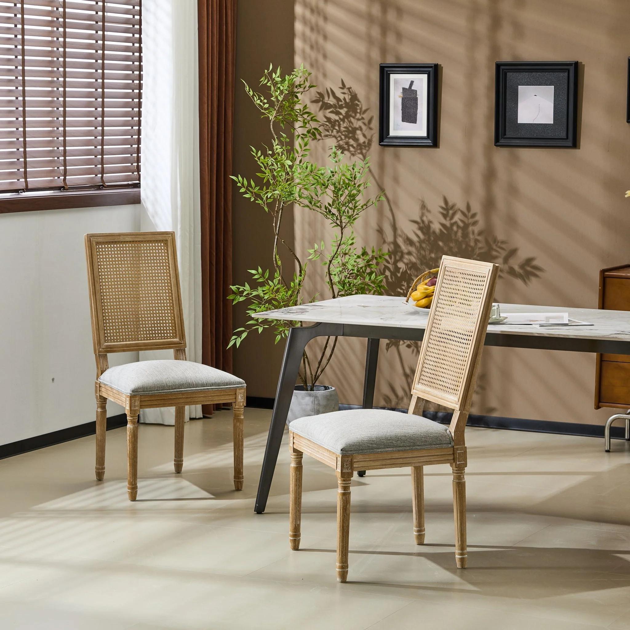 French Country Dining Chair With Rectangular Cane Backrest And Smooth Upholstered Seating - Image 16