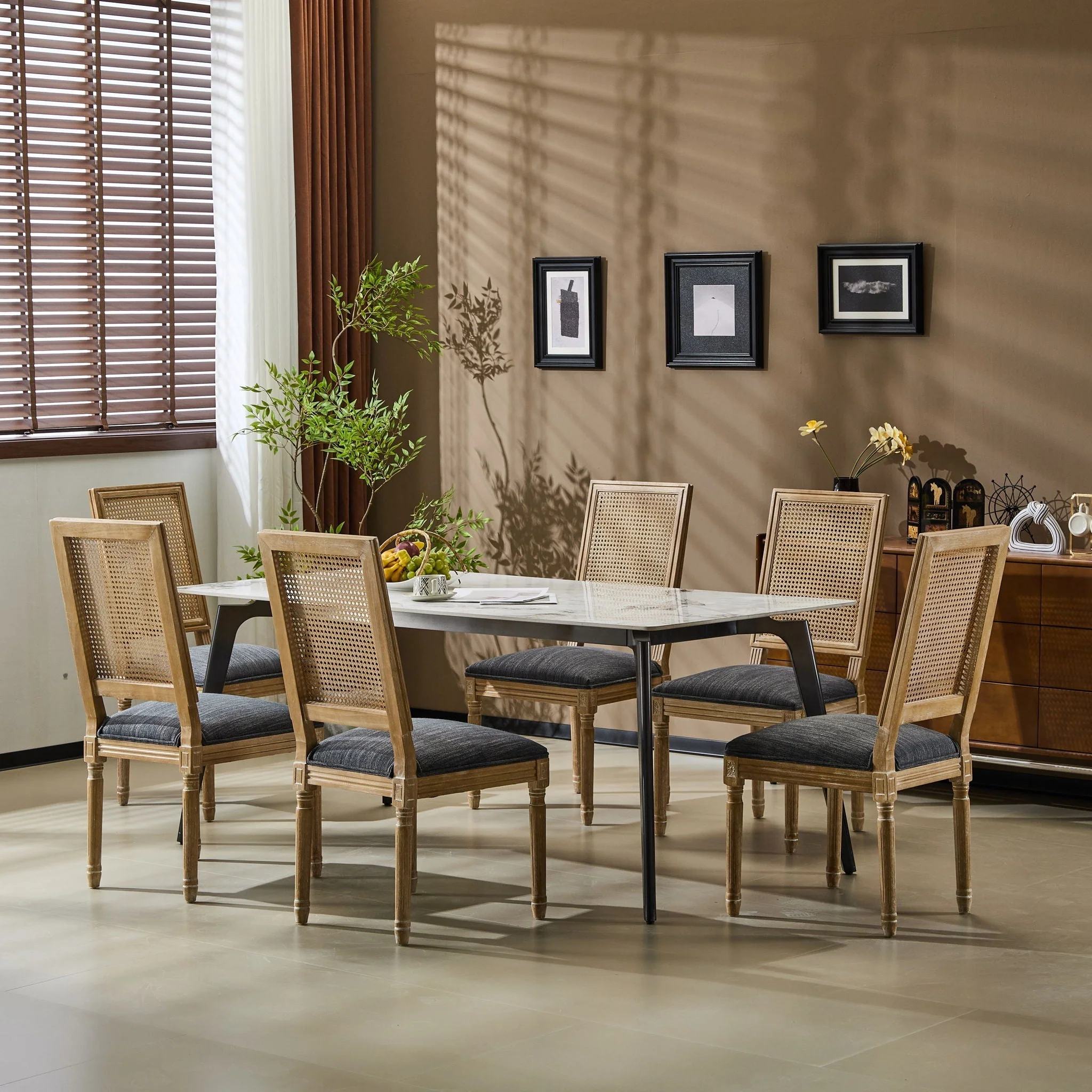 French Country Dining Chair With Rectangular Cane Backrest And Smooth Upholstered Seating - Image 19