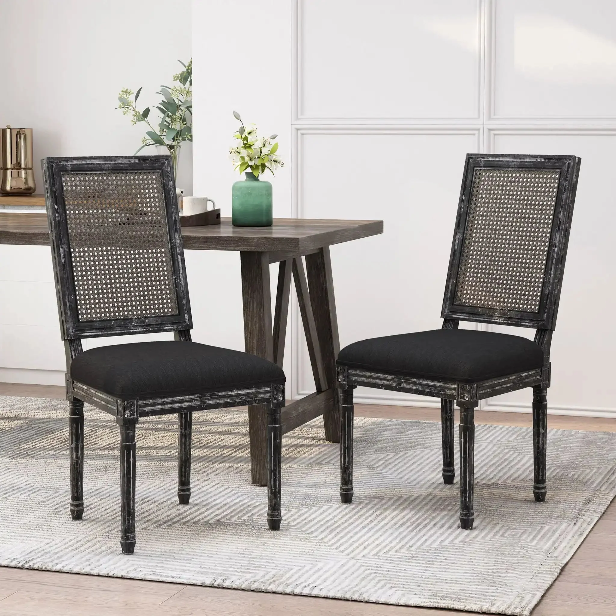 French Country Dining Chair With Rectangular Cane Backrest And Smooth Upholstered Seating - Image 20