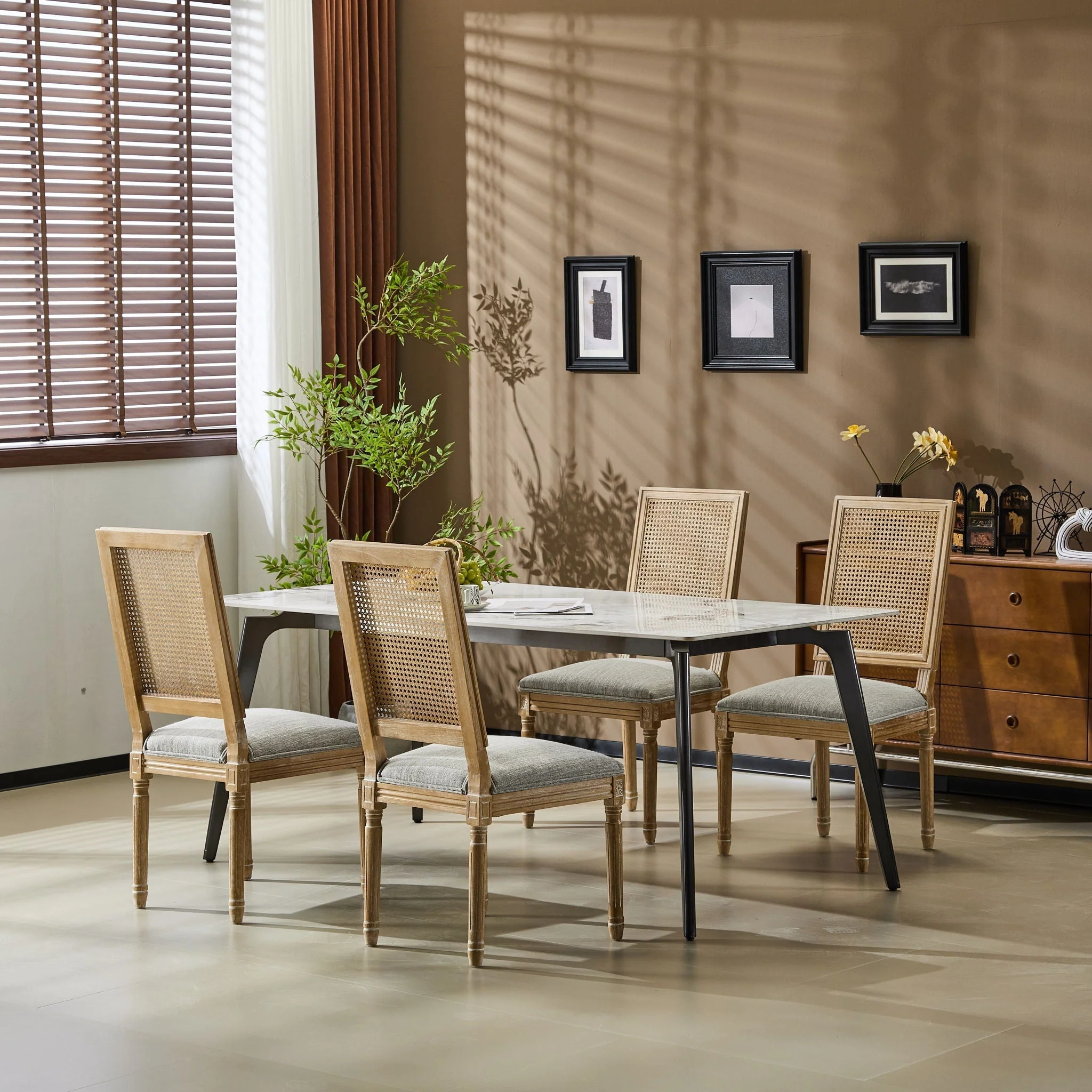 French Country Dining Chair With Rectangular Cane Backrest And Smooth Upholstered Seating - Image 21