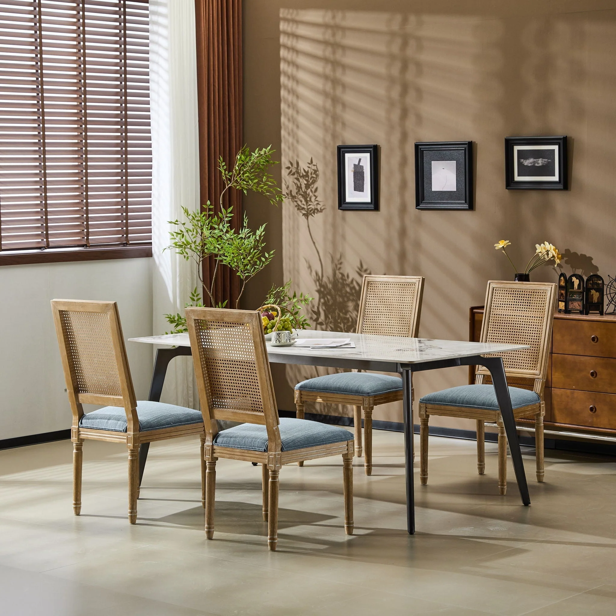 French Country Dining Chair With Rectangular Cane Backrest And Smooth Upholstered Seating - Image 22