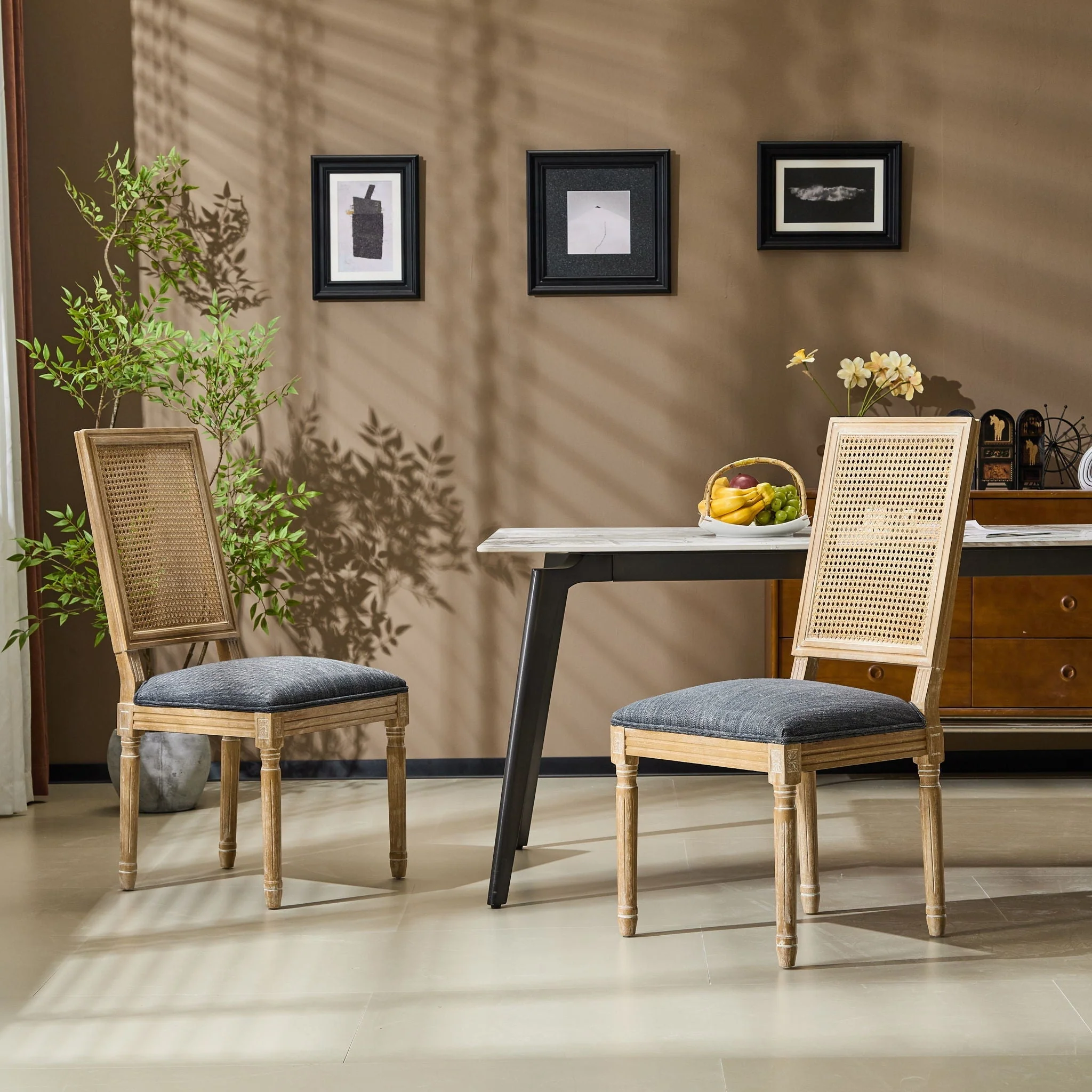 French Country Dining Chair With Rectangular Cane Backrest And Smooth Upholstered Seating - Image 23