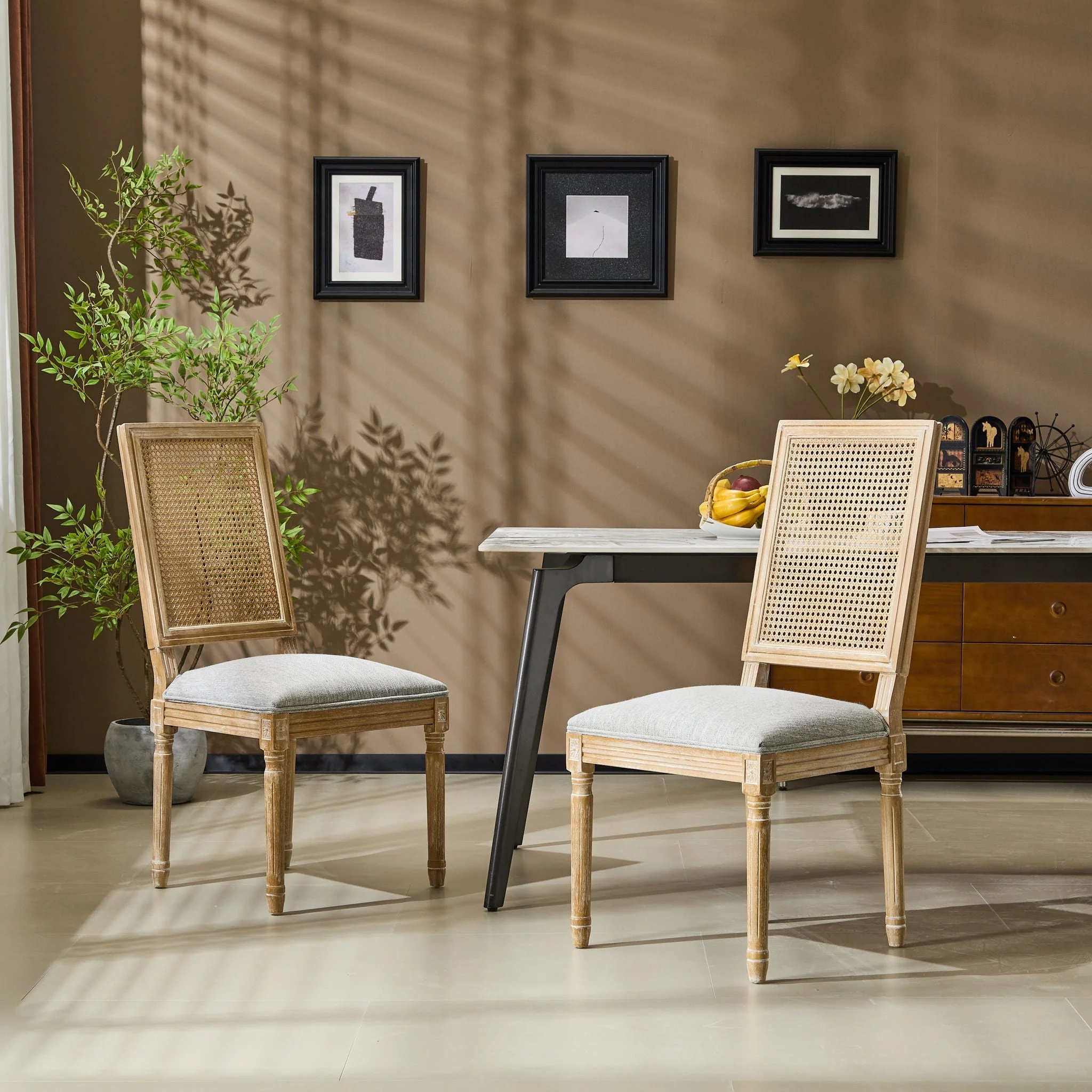 French Country Dining Chair With Rectangular Cane Backrest And Smooth Upholstered Seating - Image 24