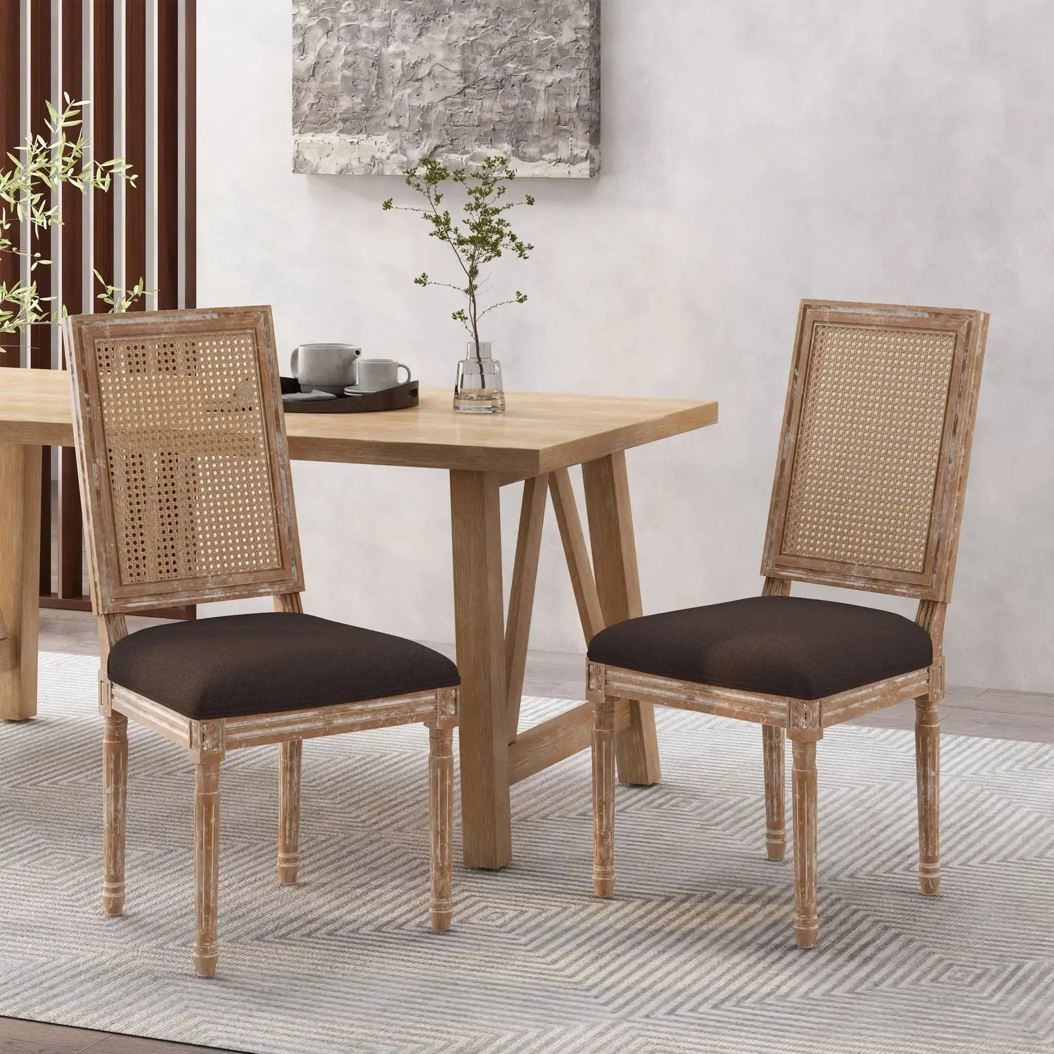 French Country Dining Chair With Rectangular Cane Backrest And Smooth Upholstered Seating - Image 25
