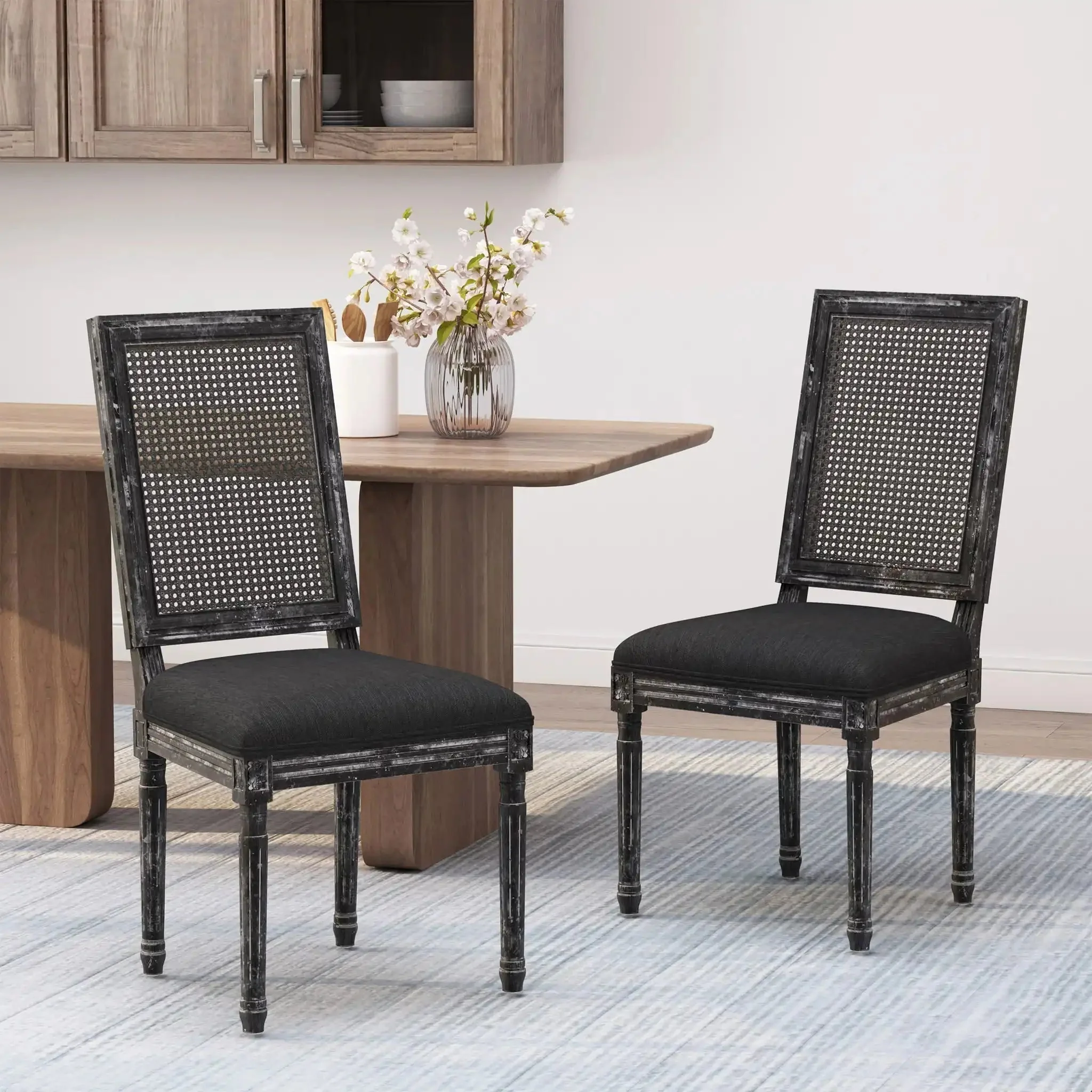 French Country Dining Chair With Rectangular Cane Backrest And Smooth Upholstered Seating - Image 26