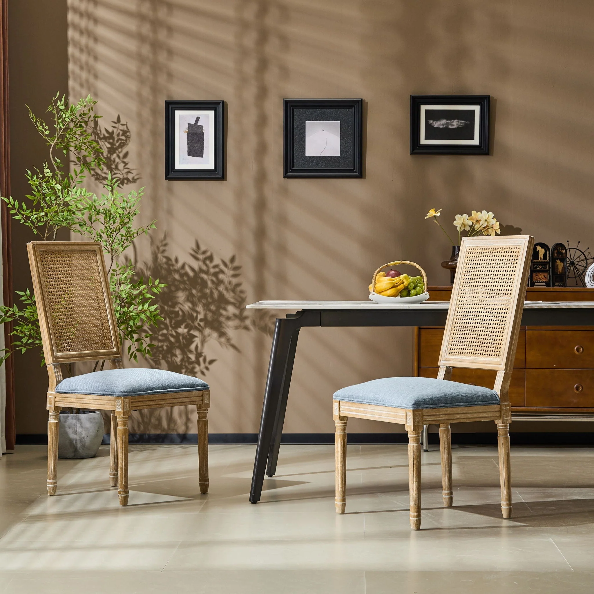 French Country Dining Chair With Rectangular Cane Backrest And Smooth Upholstered Seating - Image 28