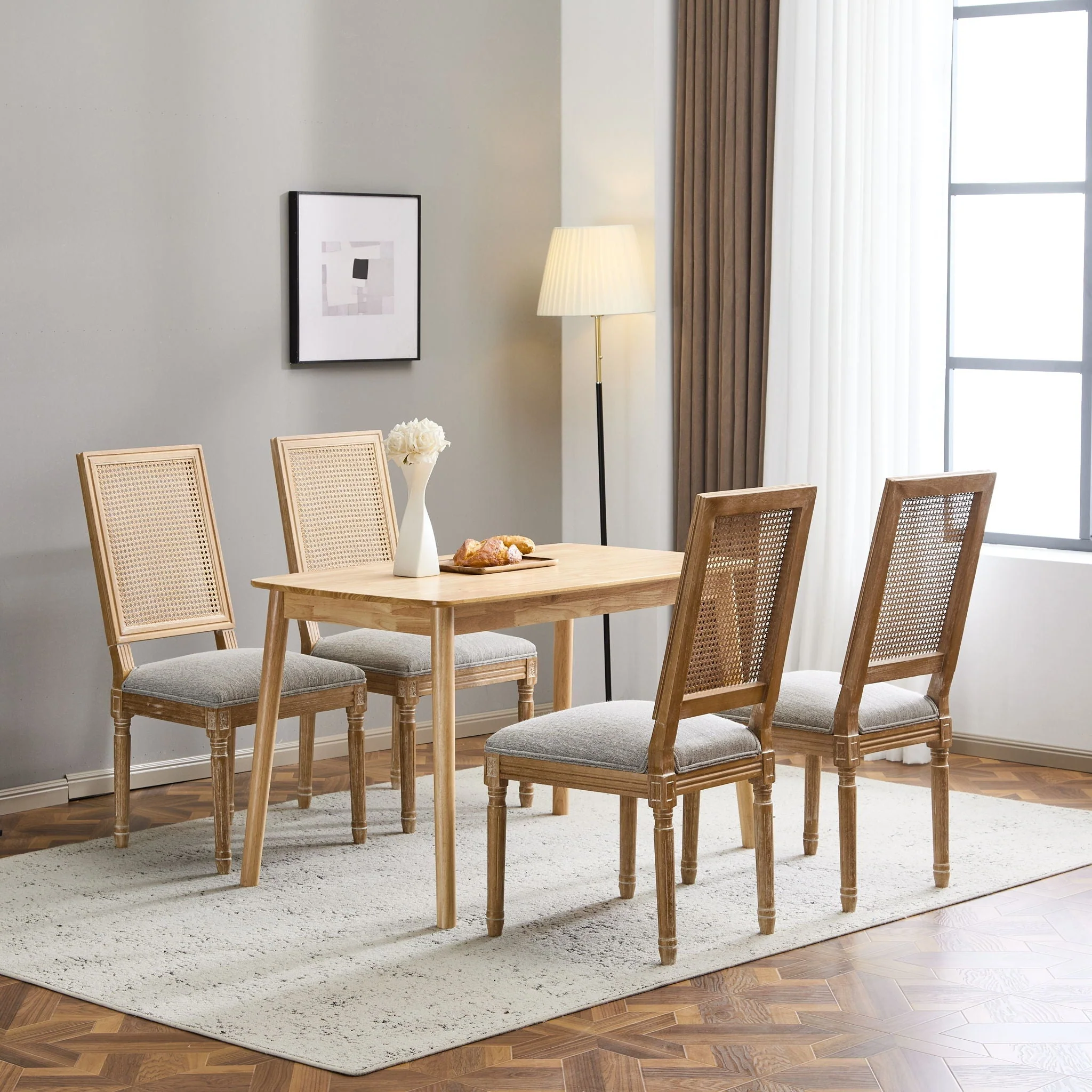 French Country Dining Chair With Rectangular Cane Backrest And Smooth Upholstered Seating - Image 30