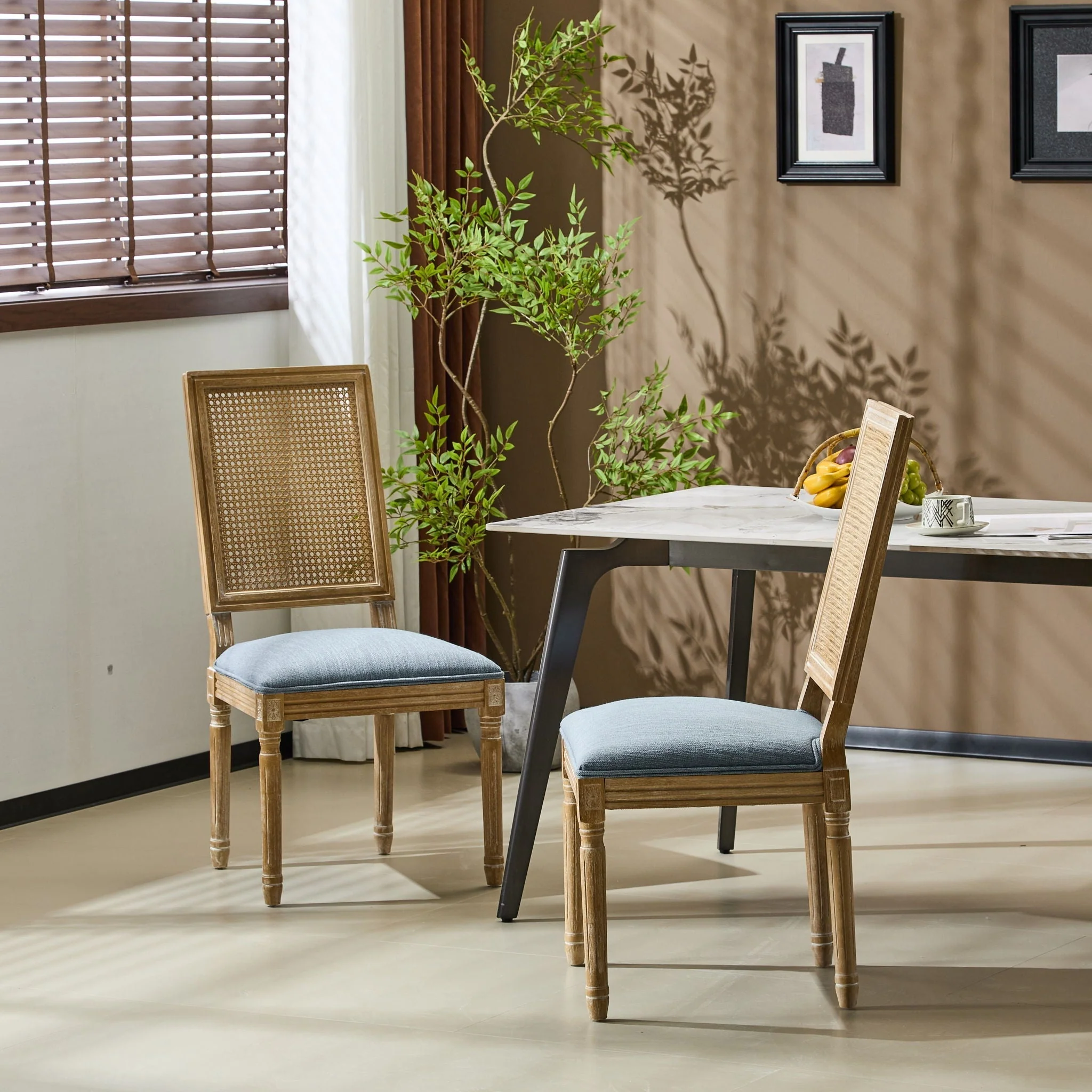 French Country Dining Chair With Rectangular Cane Backrest And Smooth Upholstered Seating - Image 31