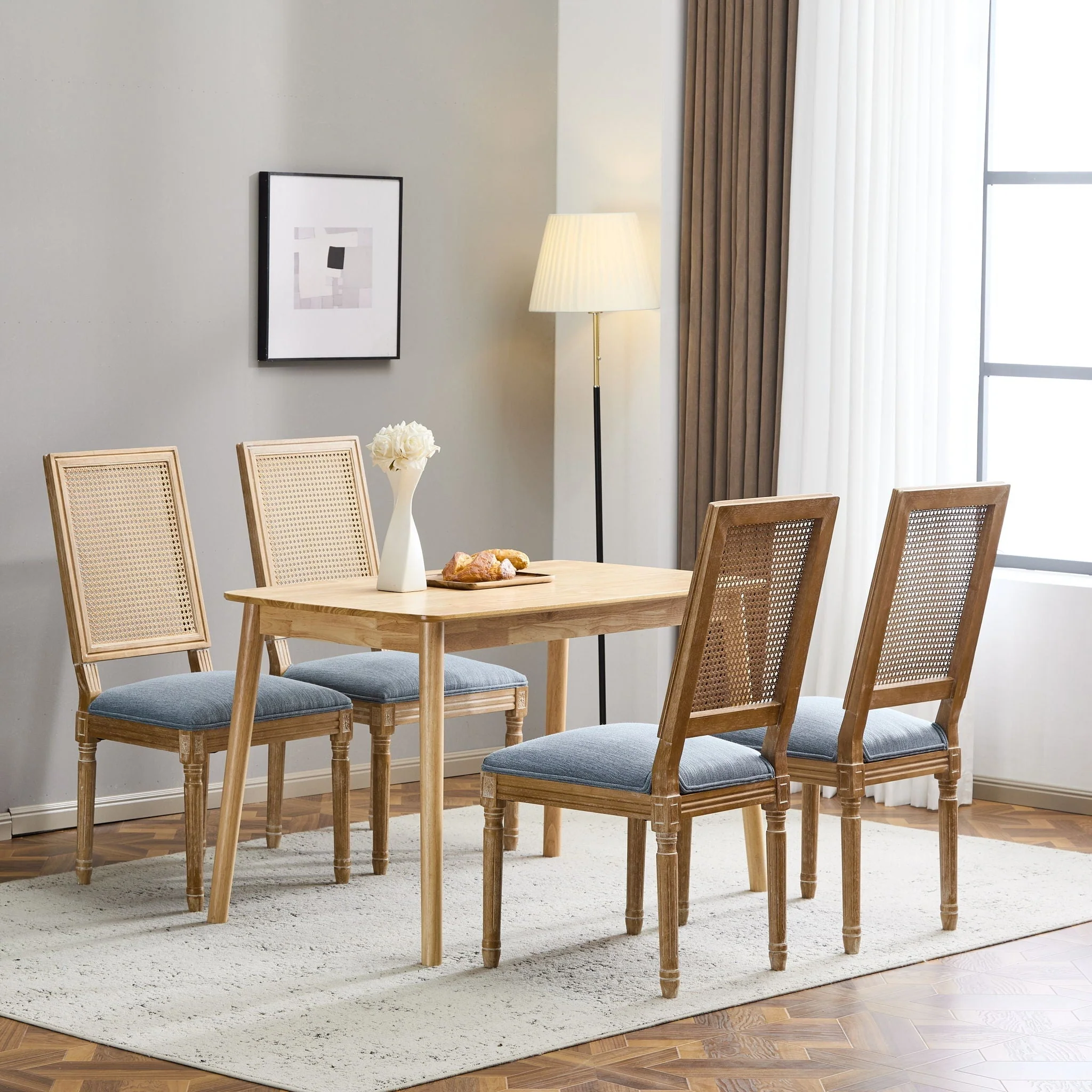 French Country Dining Chair With Rectangular Cane Backrest And Smooth Upholstered Seating - Image 32