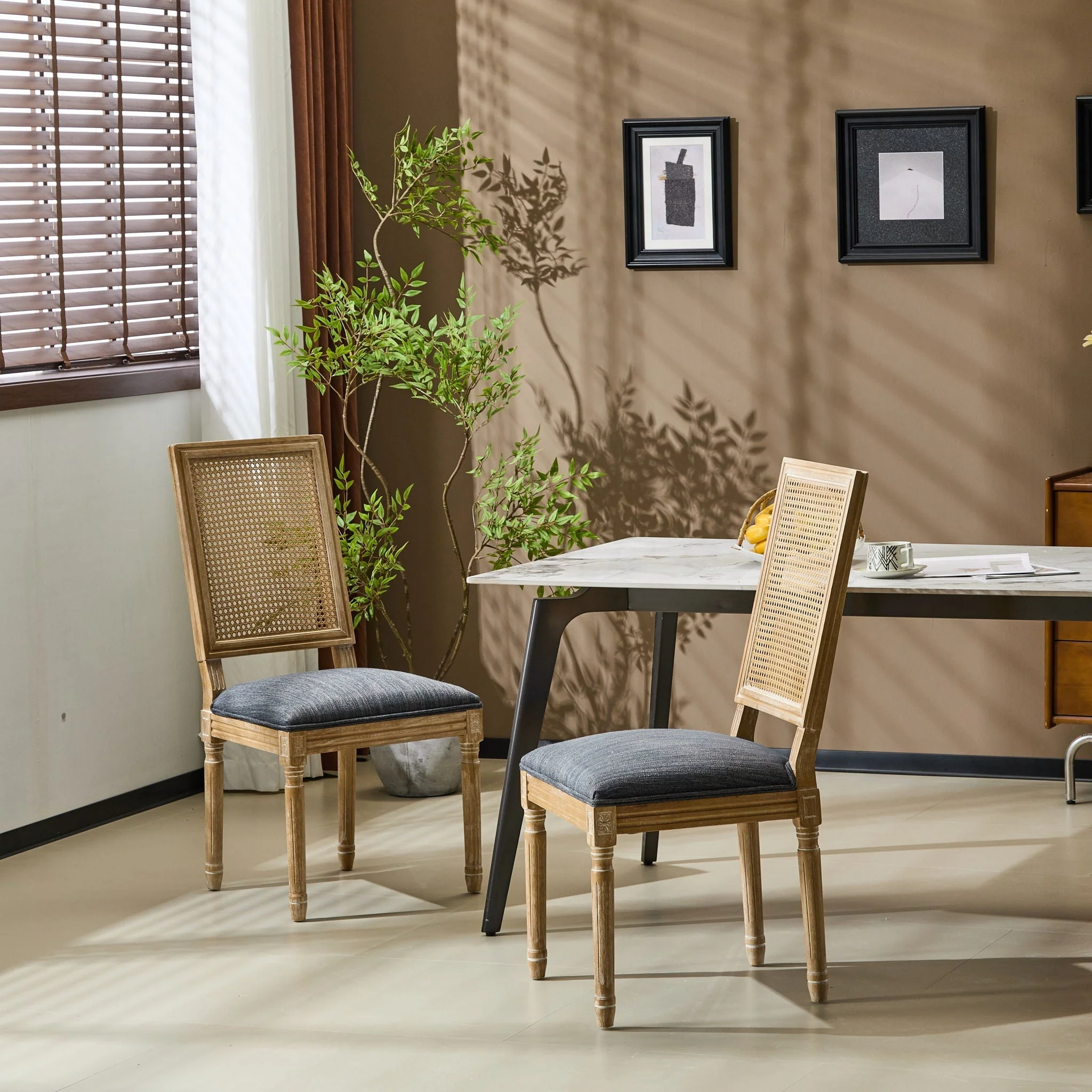 French Country Dining Chair With Rectangular Cane Backrest And Smooth Upholstered Seating - Image 34