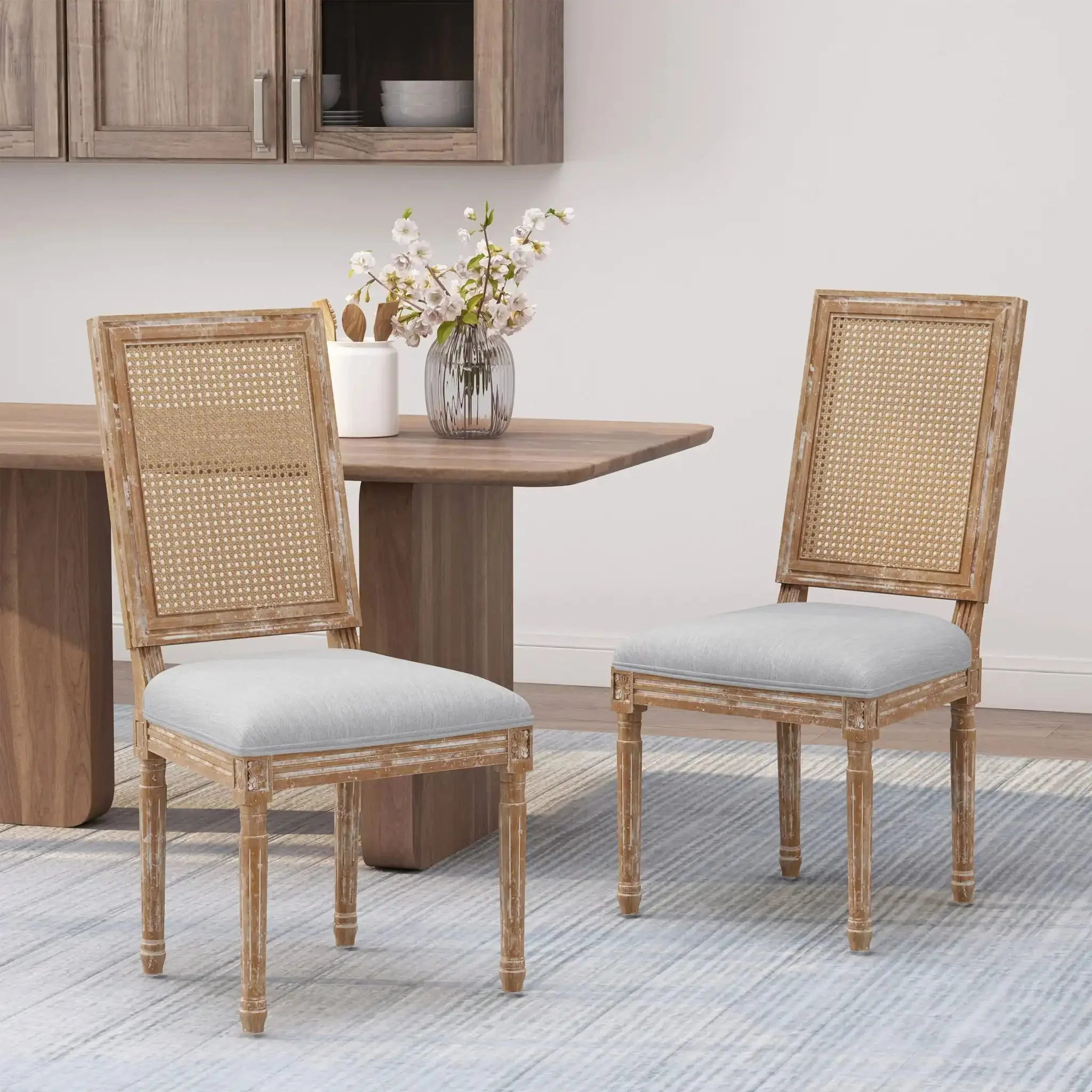 French Country Dining Chair With Rectangular Cane Backrest And Smooth Upholstered Seating - Image 36