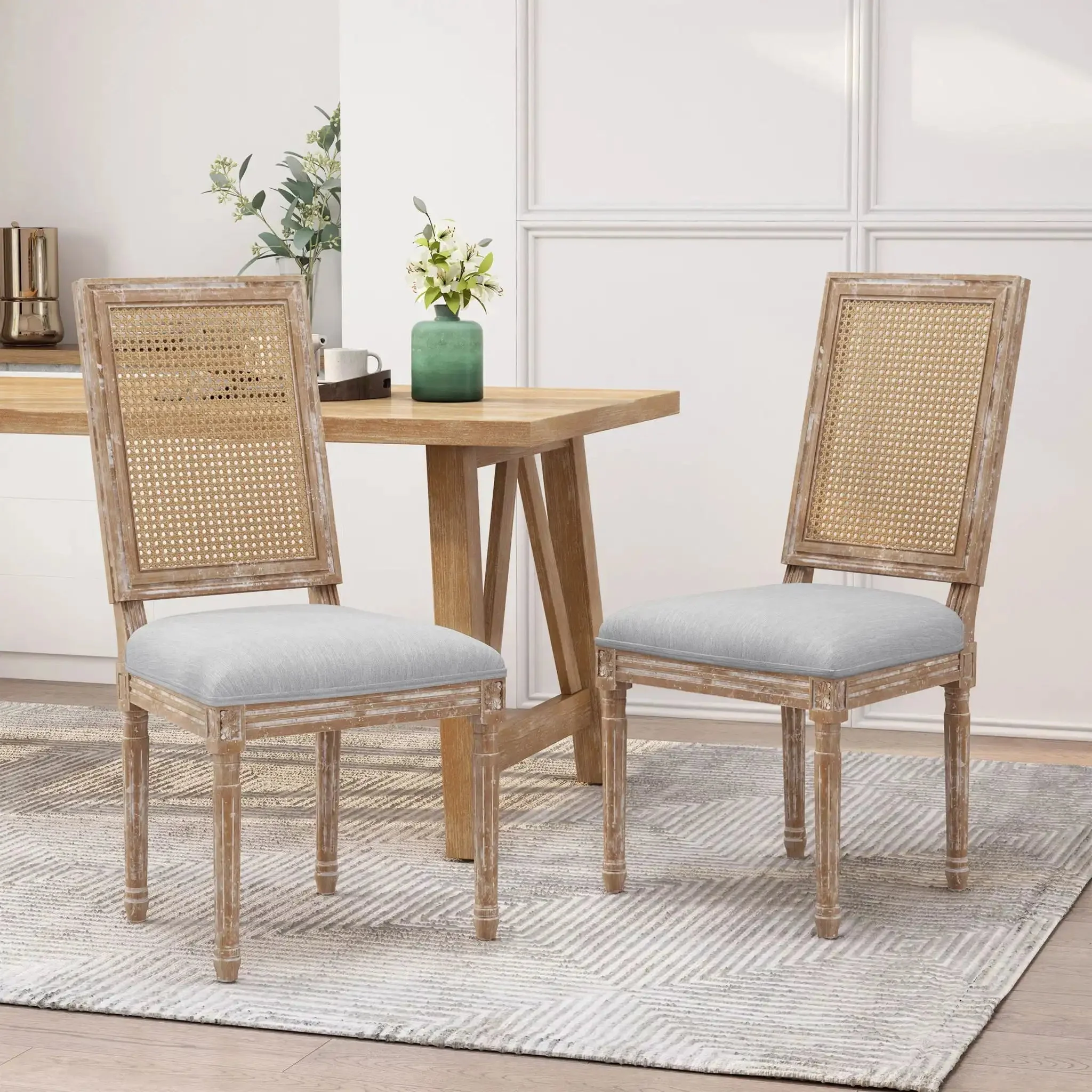 French Country Dining Chair With Rectangular Cane Backrest And Smooth Upholstered Seating - Image 38