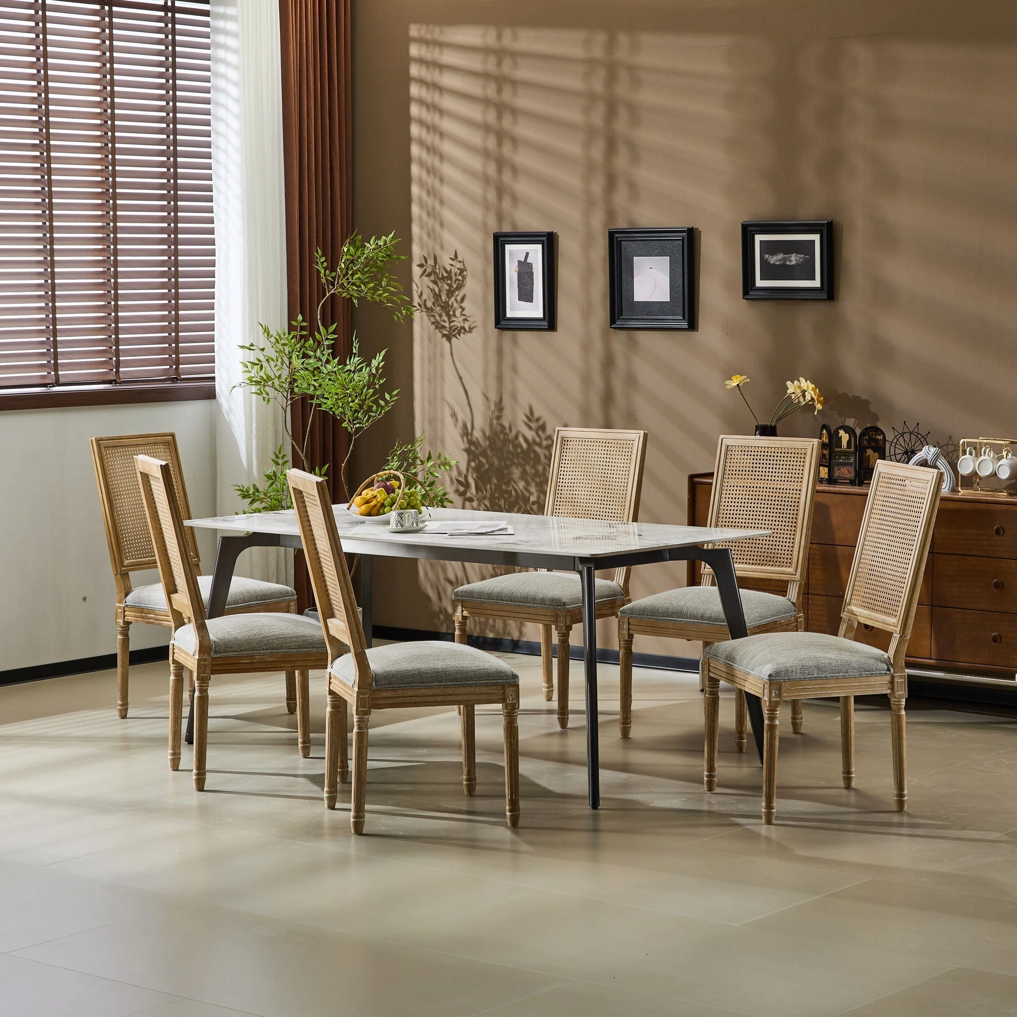 French Country Dining Chair With Rectangular Cane Backrest And Smooth Upholstered Seating - Image 40