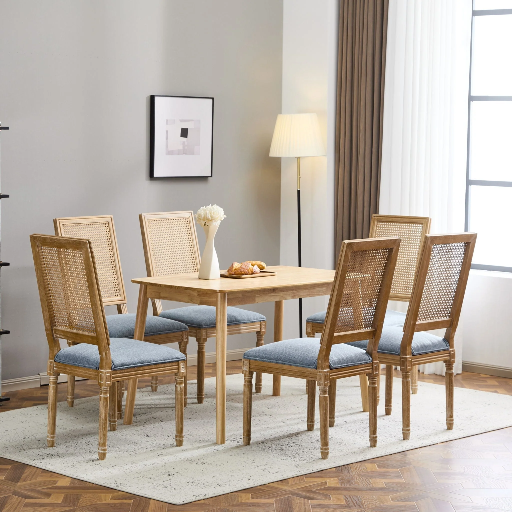 French Country Dining Chair With Rectangular Cane Backrest And Smooth Upholstered Seating - Image 41