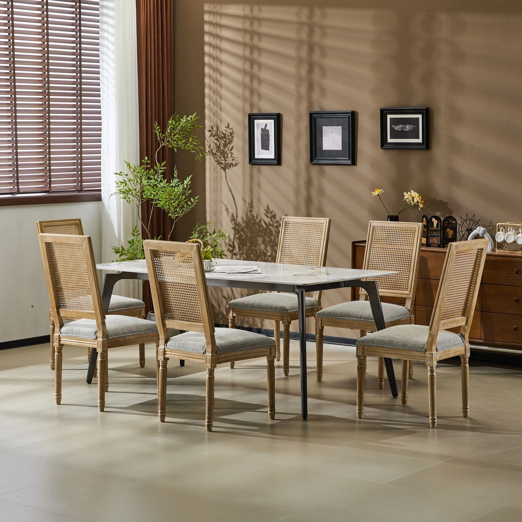 French Country Dining Chair With Rectangular Cane Backrest And Smooth Upholstered Seating - Image 44