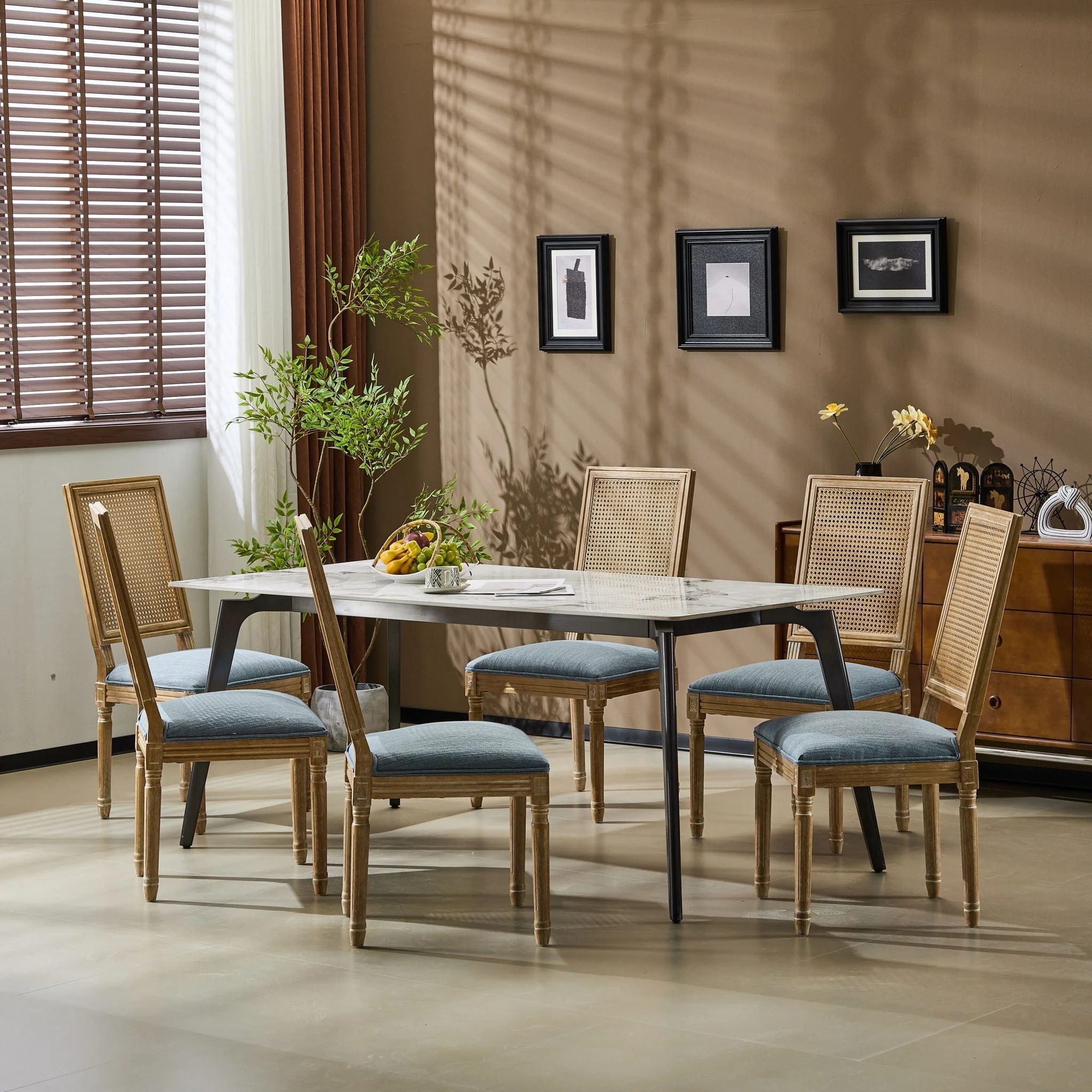 French Country Dining Chair With Rectangular Cane Backrest And Smooth Upholstered Seating - Image 45