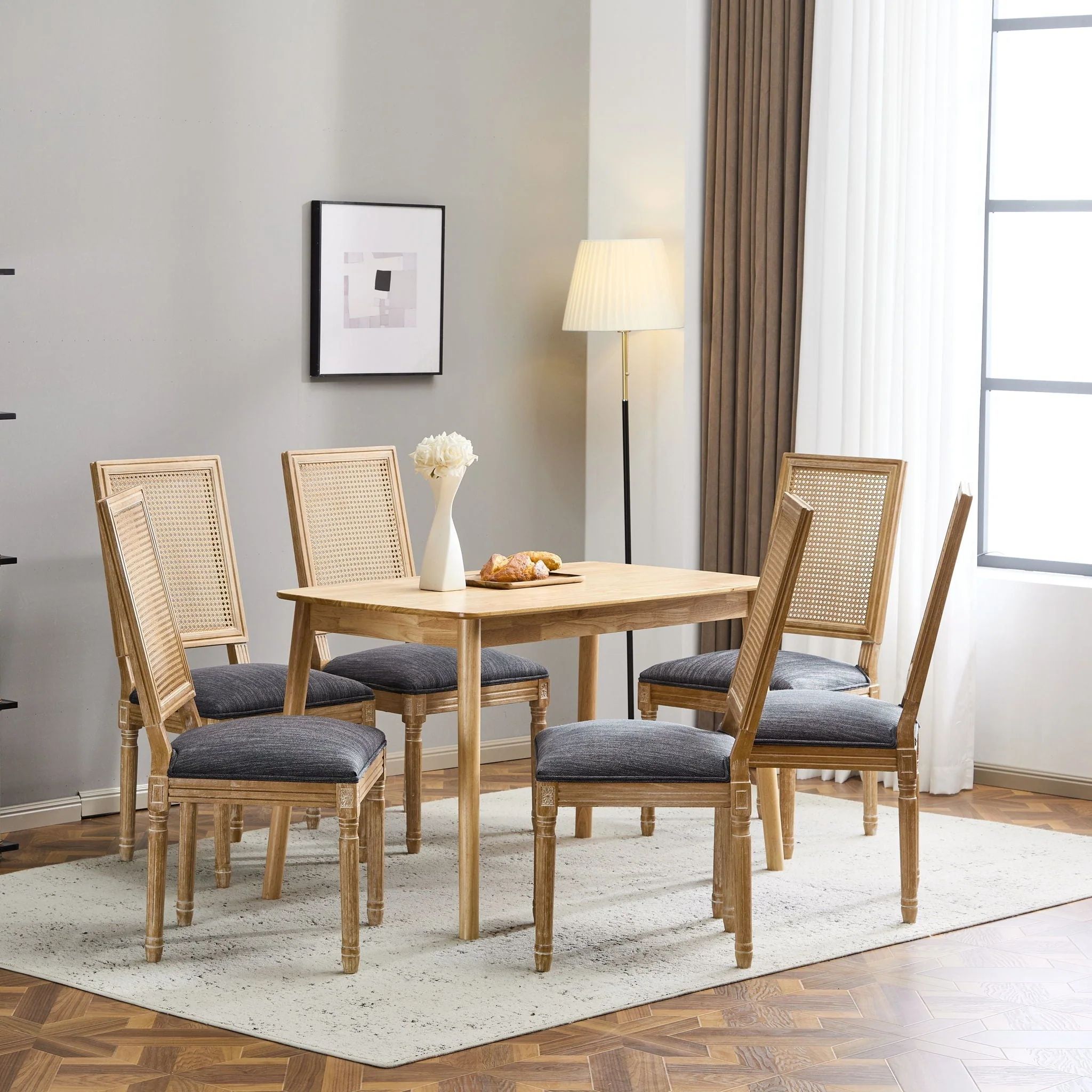 French Country Dining Chair With Rectangular Cane Backrest And Smooth Upholstered Seating - Image 46