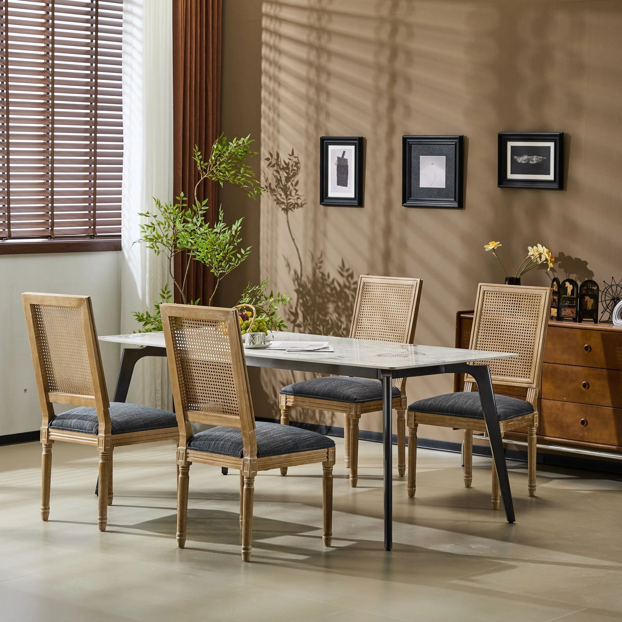 French Country Dining Chair With Rectangular Cane Backrest And Smooth Upholstered Seating - Image 48