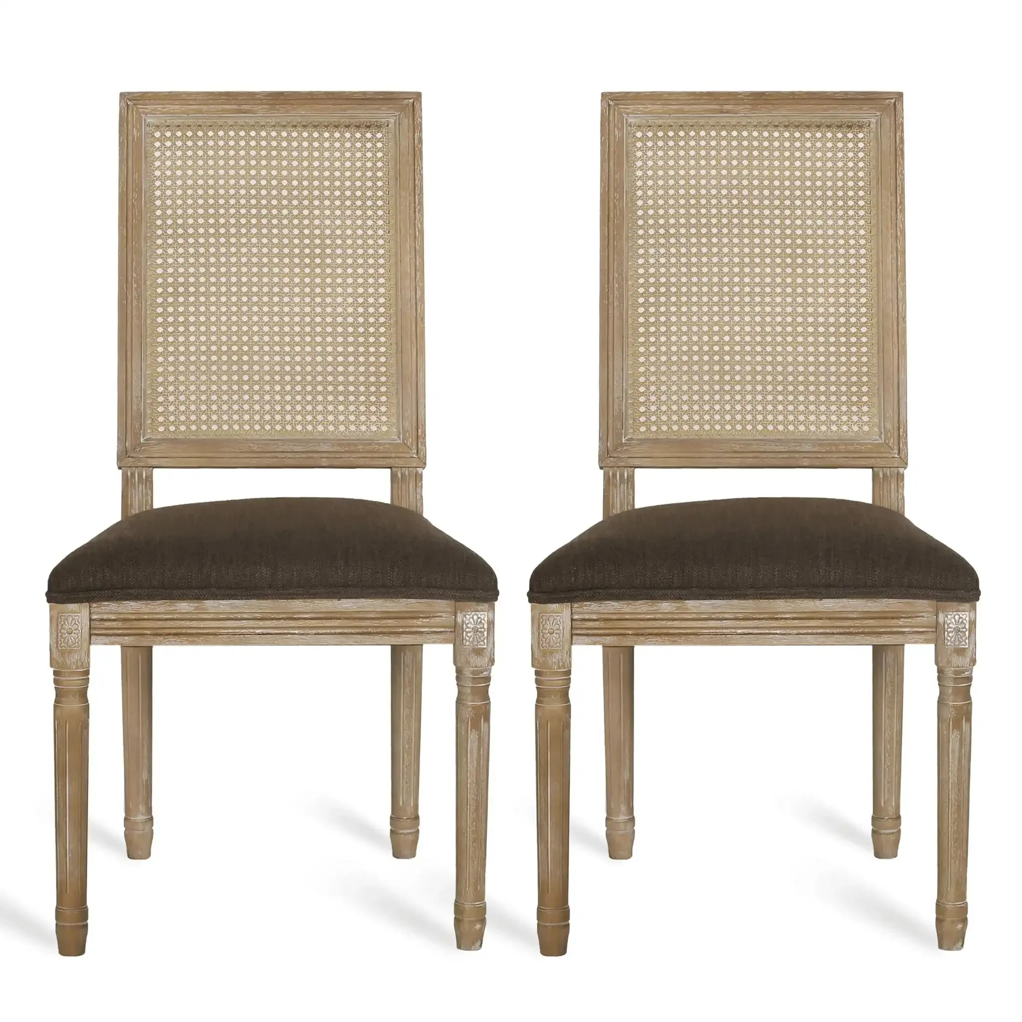 French Country Dining Chair With Rectangular Cane Backrest And Smooth Upholstered Seating - Image 6