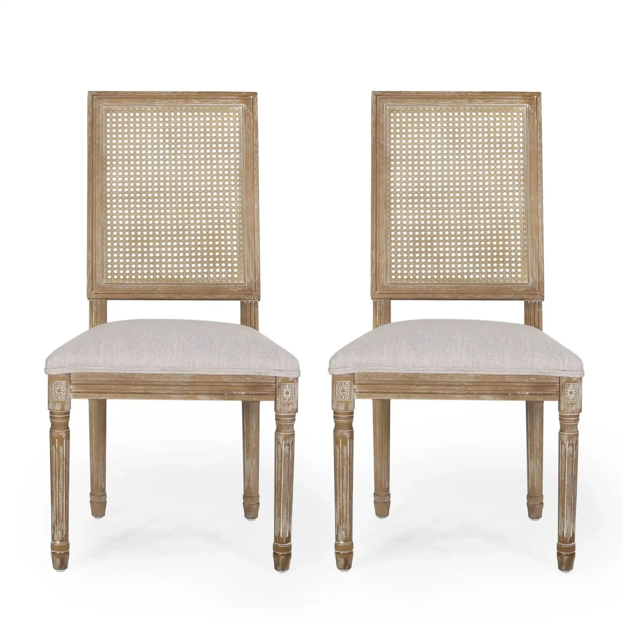 French Country Dining Chair With Rectangular Cane Backrest And Smooth Upholstered Seating - Image 9