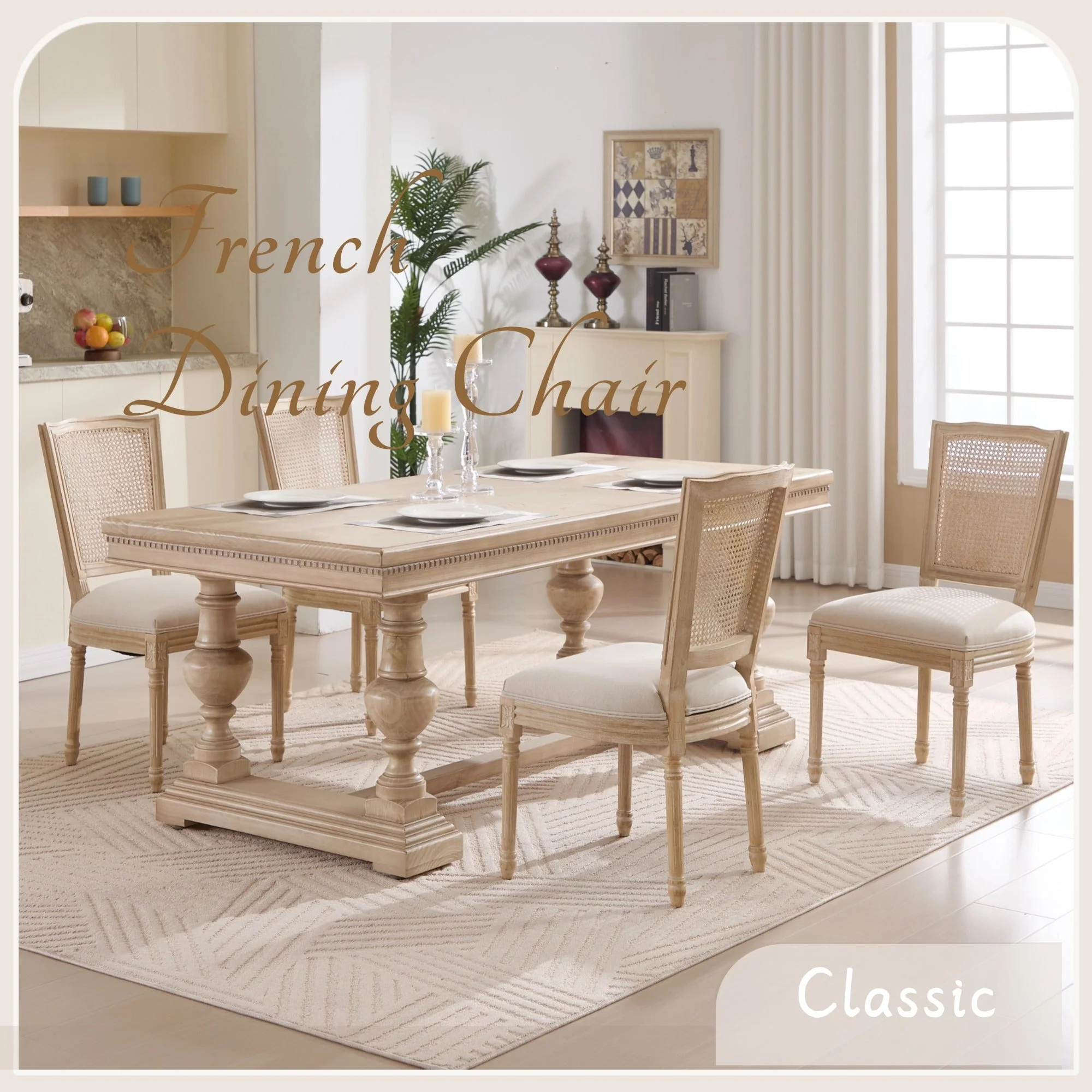 French Country Dining Chairs Set of 2 Upholstered With Natural Rattan Back - Image 10