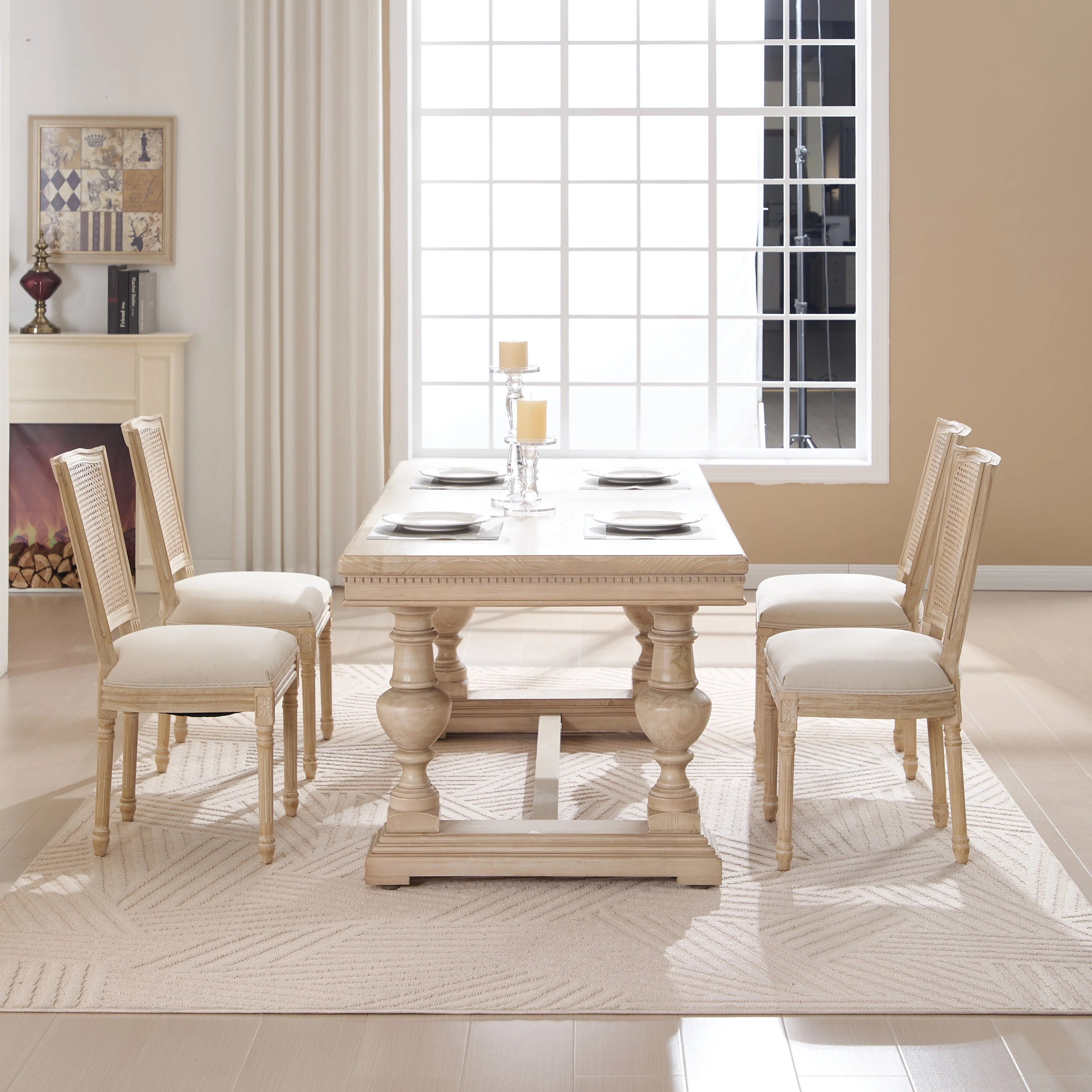French Country Dining Chairs Set of 2 Upholstered With Natural Rattan Back - Image 11