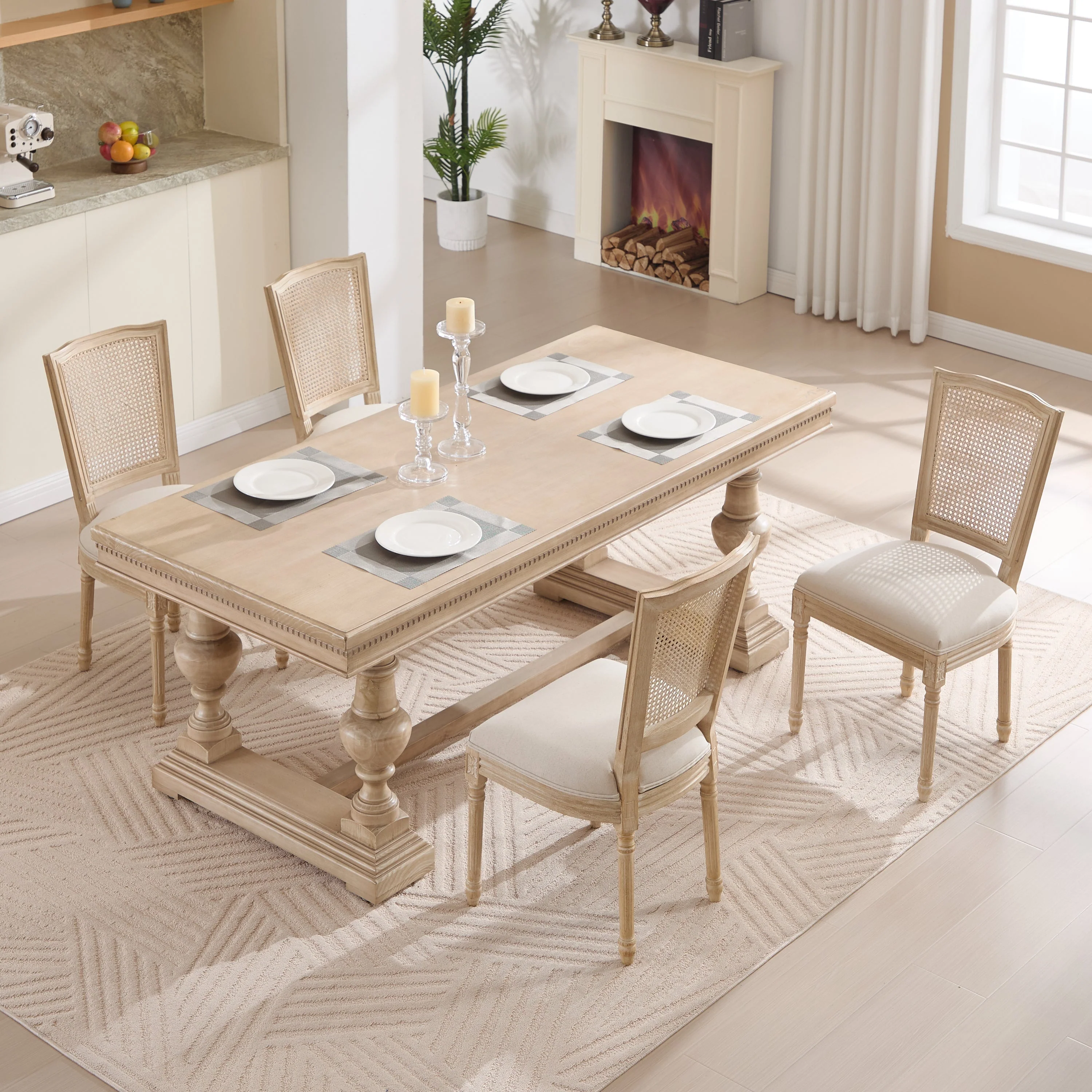 French Country Dining Chairs Set of 2 Upholstered With Natural Rattan Back - Image 13